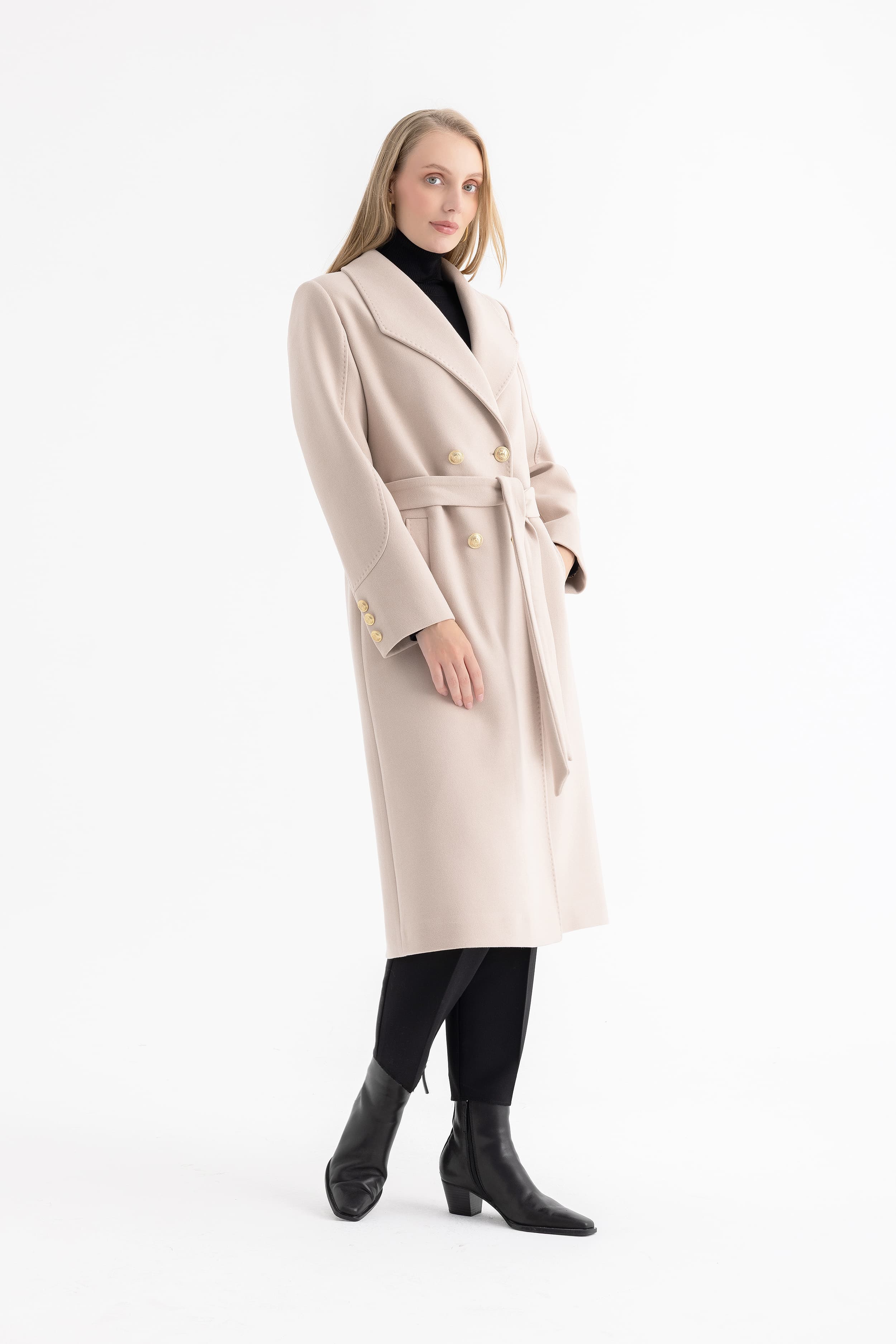 Women’s Peak Lapel Long Double-Breasted Coat with Gold Buttons and Sleeve Details 4590