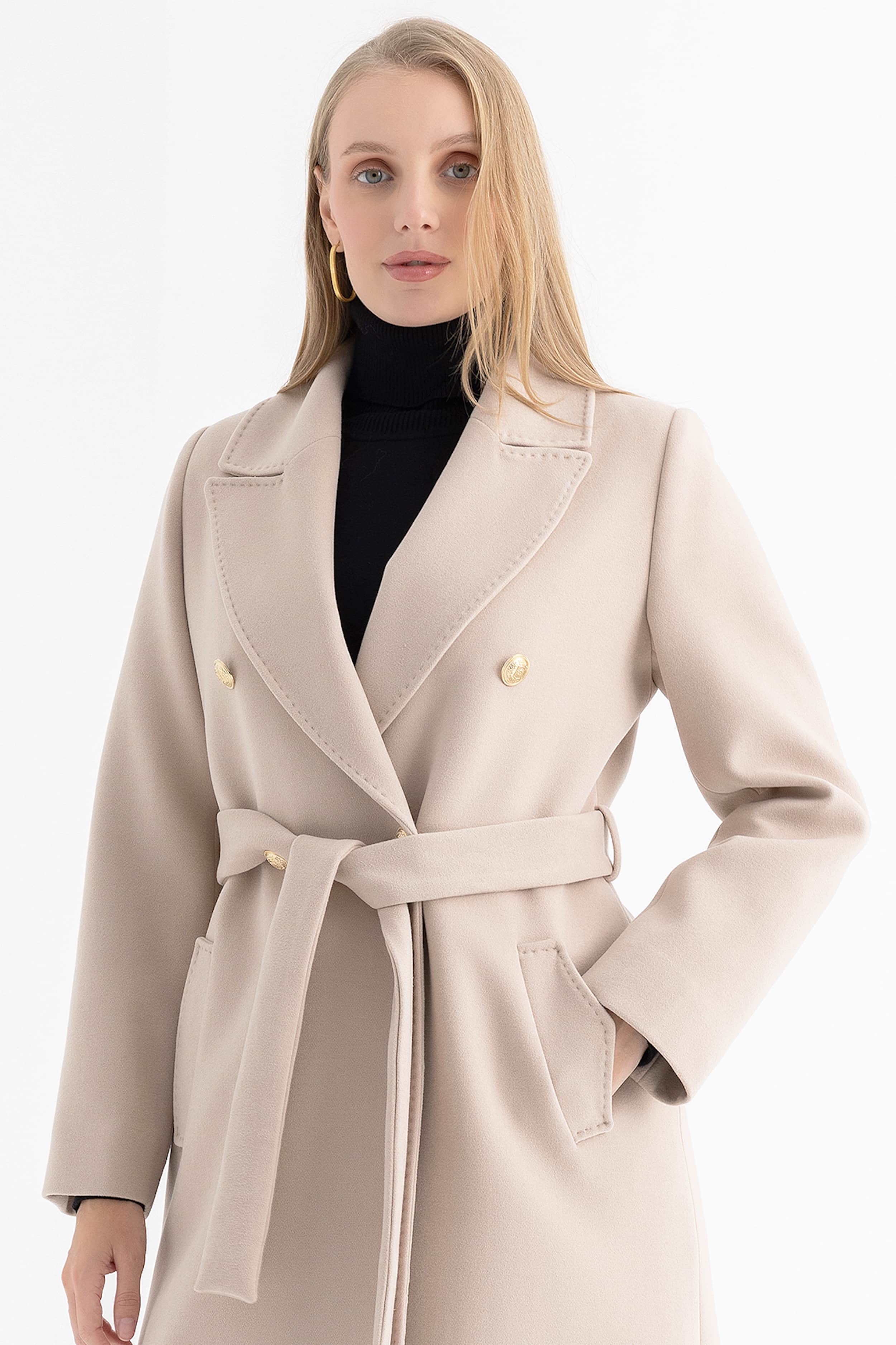 Women’s Long Coat with Notched Lapel, Gold Buttons and Topstitching 4588