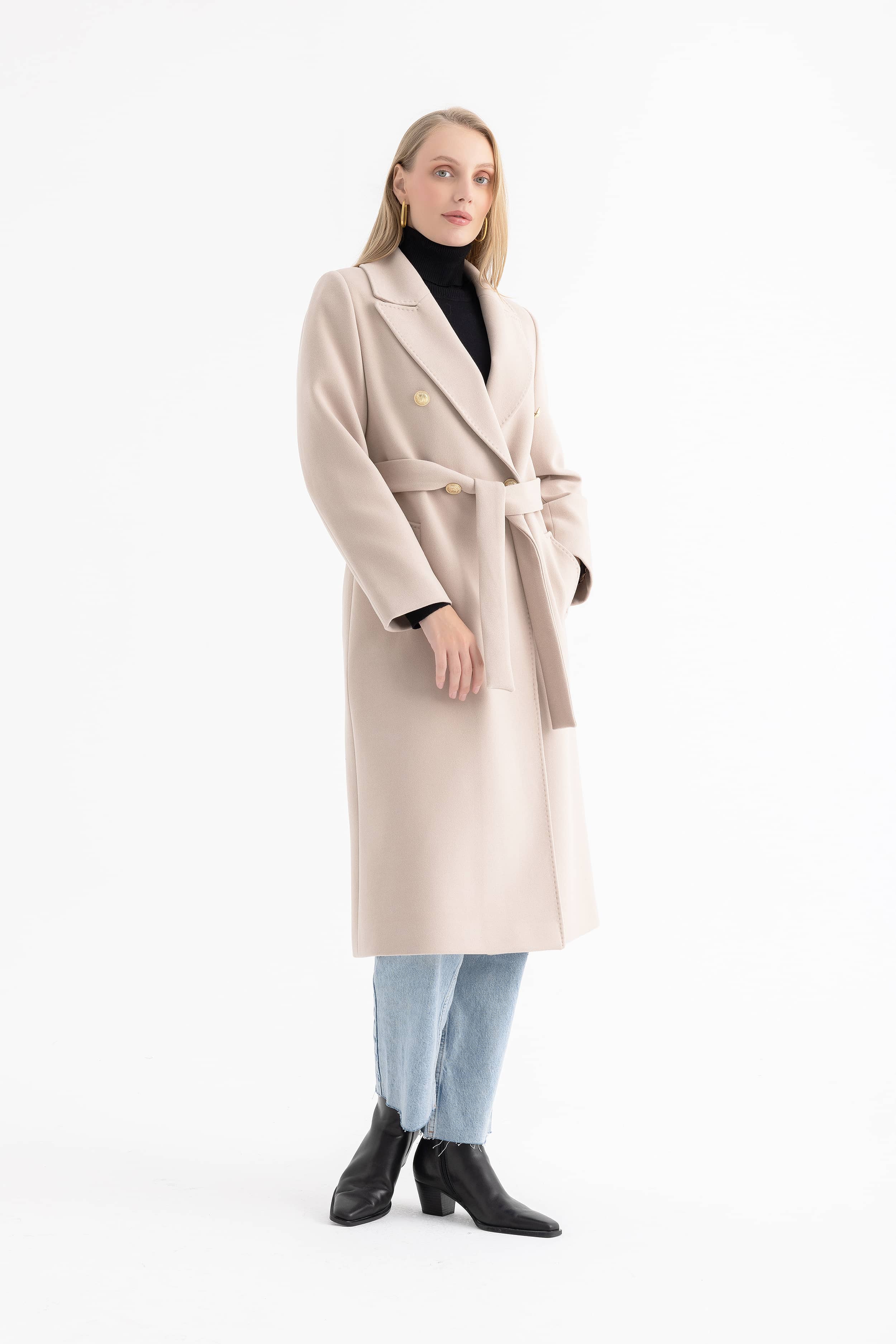 Women’s Long Coat with Notched Lapel, Gold Buttons and Topstitching 4588
