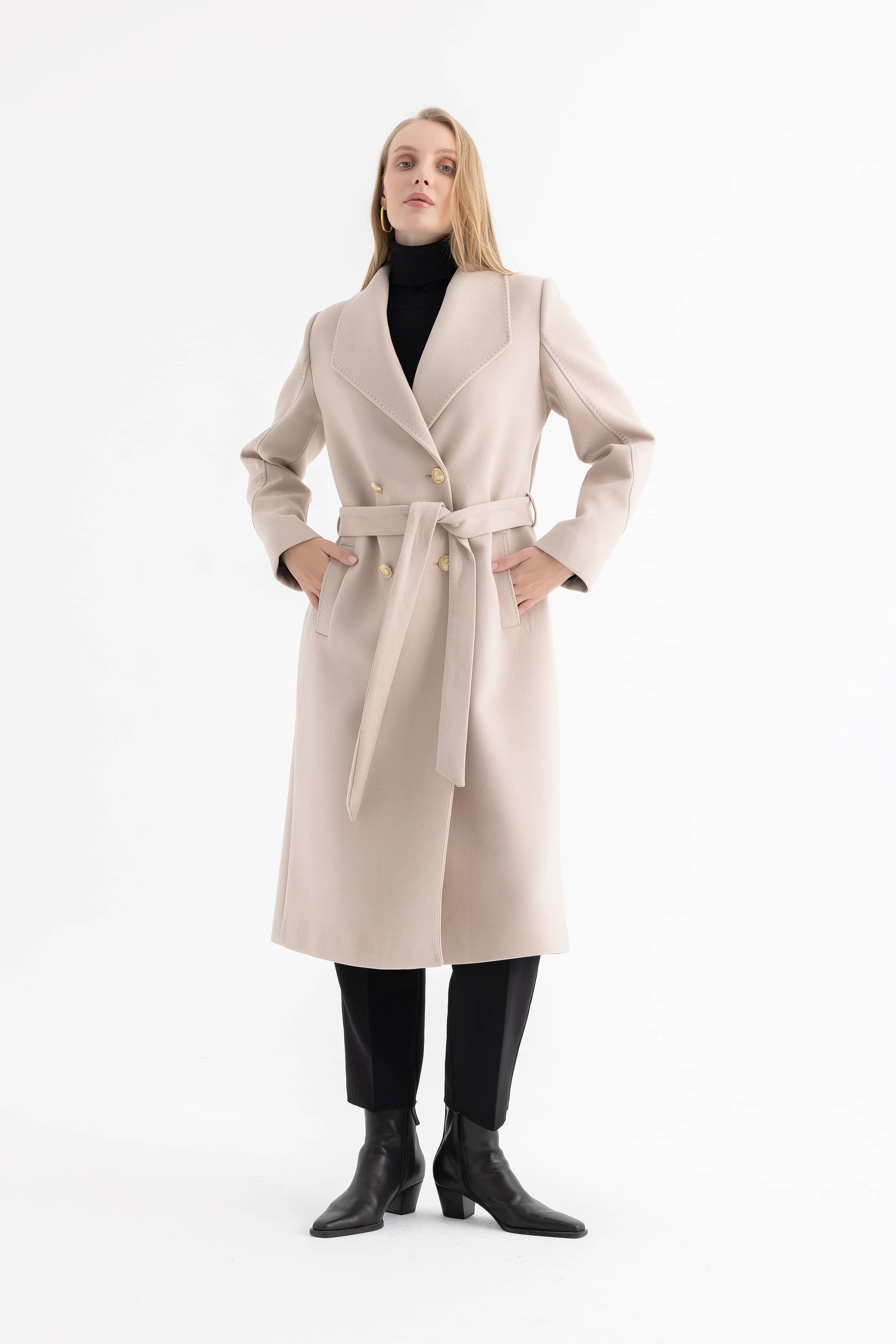 Women’s Peak Lapel Long Double-Breasted Coat with Gold Buttons and Sleeve Details 4590
