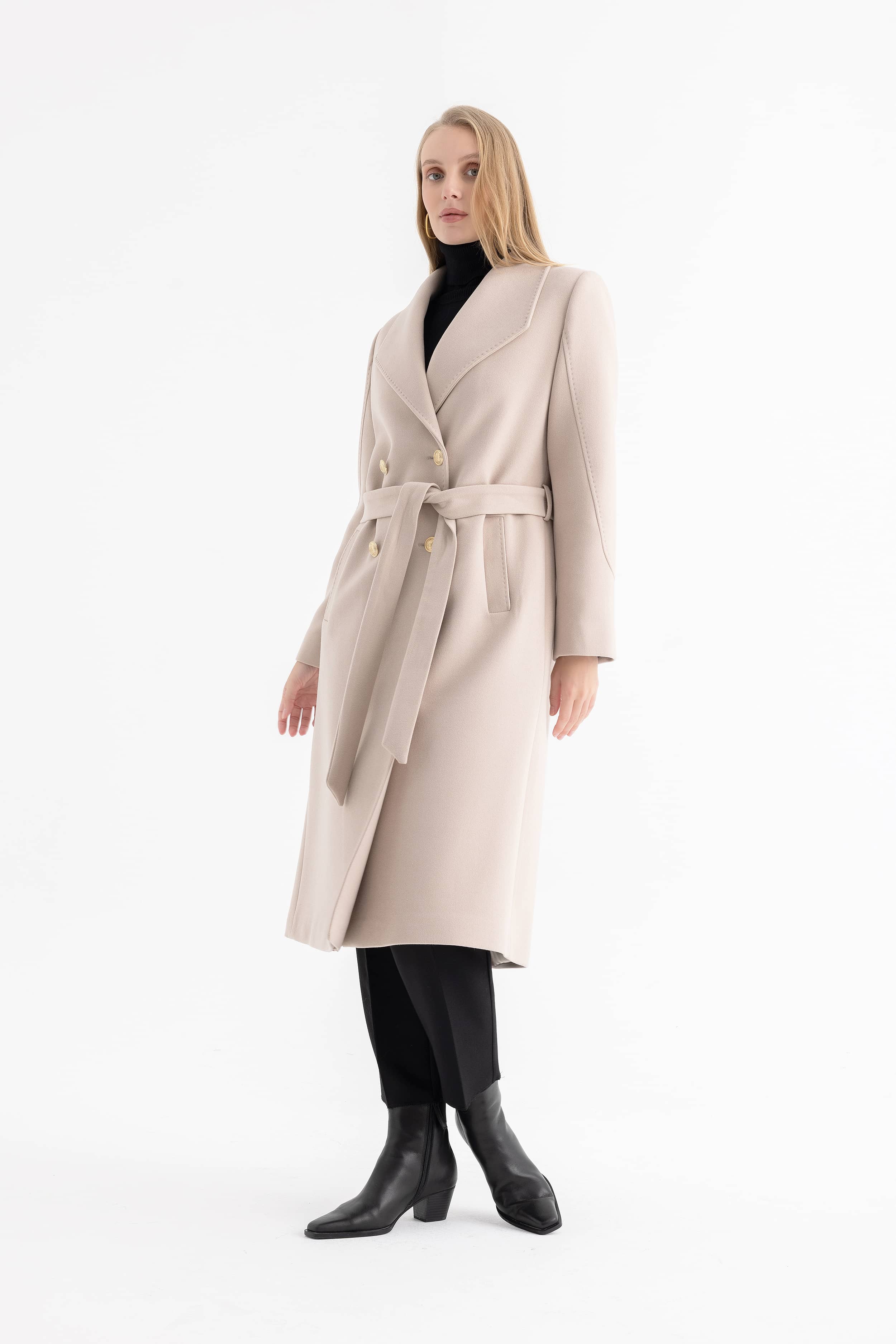 Women’s Peak Lapel Long Double-Breasted Coat with Gold Buttons and Sleeve Details 4590