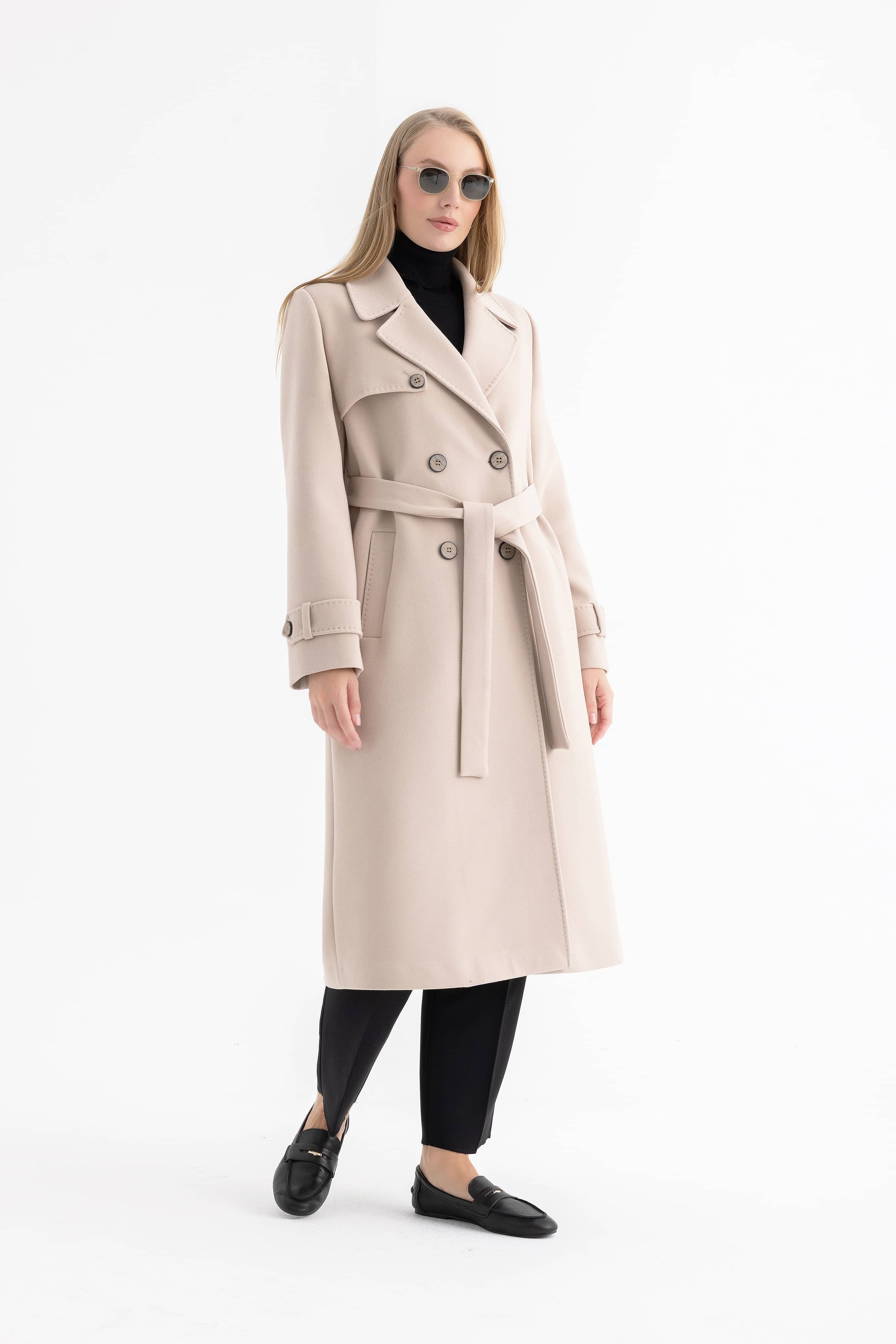 Women’s Long Double-Breasted Coat with Cape and Epaulette Details 4589