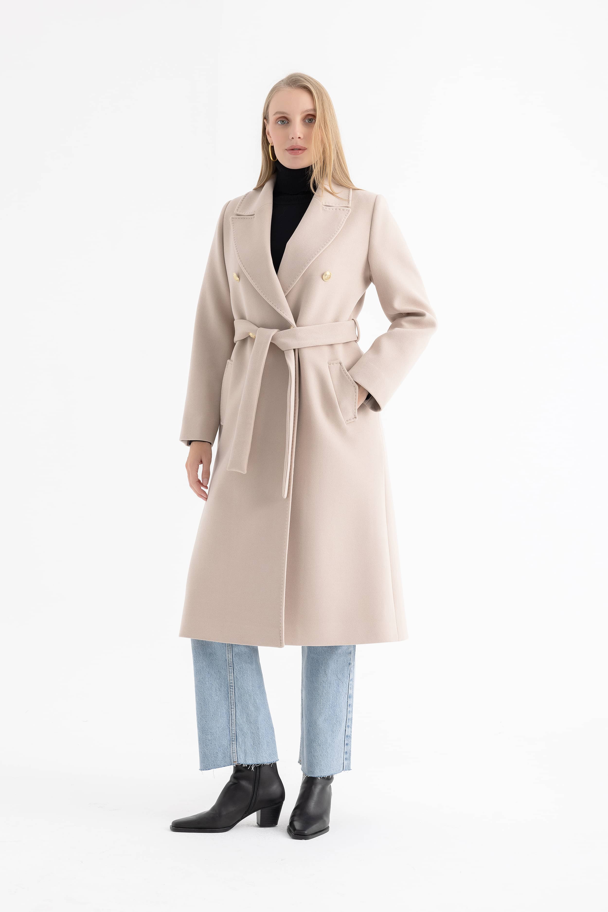 Women’s Long Coat with Notched Lapel, Gold Buttons and Topstitching 4588