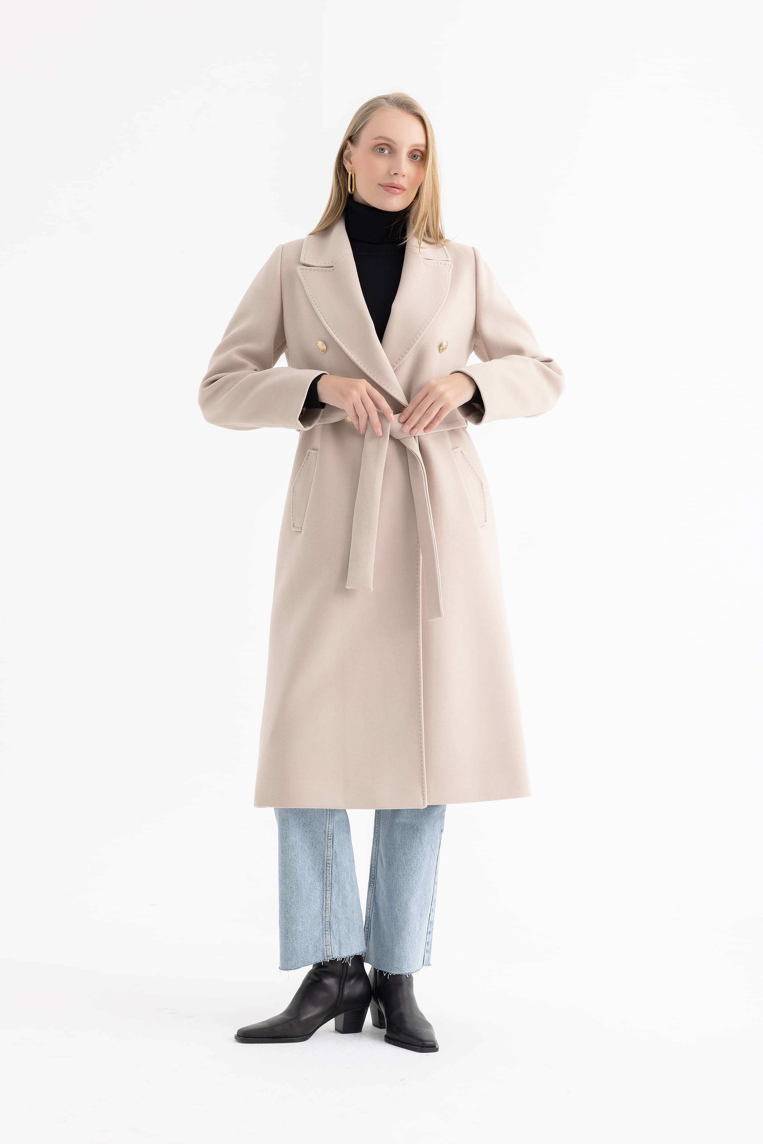 Women’s Long Coat with Notched Lapel, Gold Buttons and Topstitching 4588