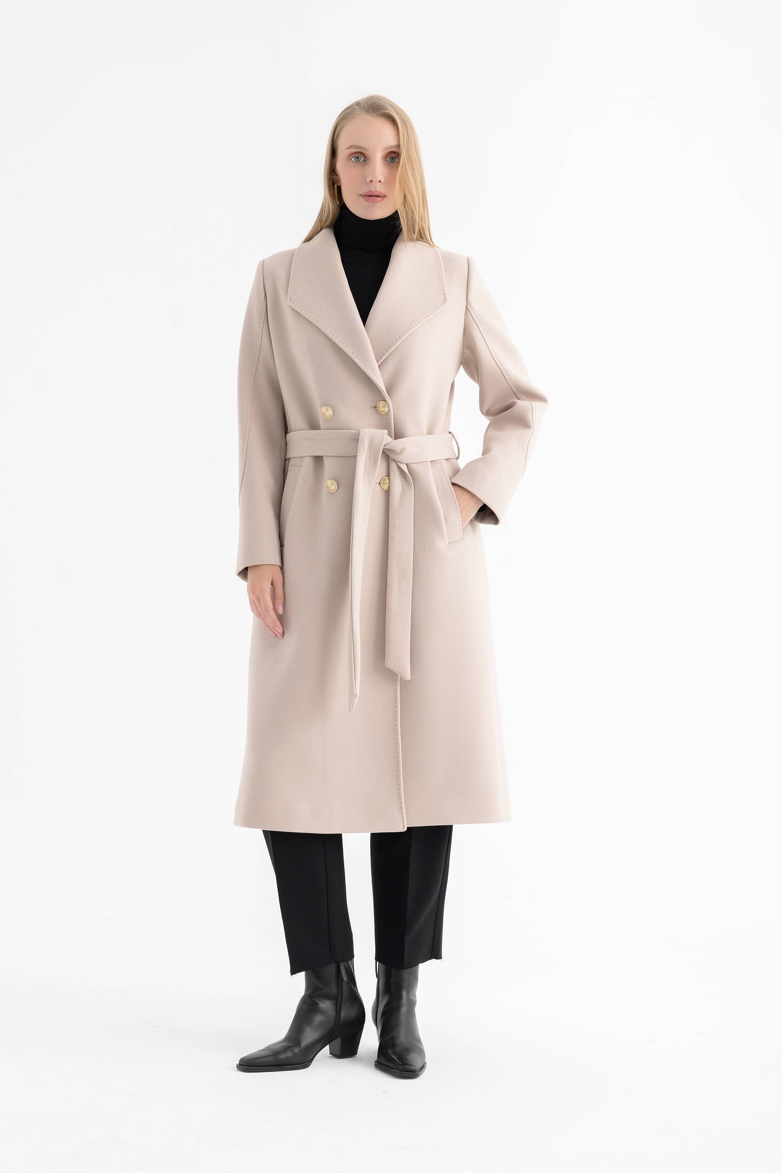 Women’s Peak Lapel Long Double-Breasted Coat with Gold Buttons and Sleeve Details 4590