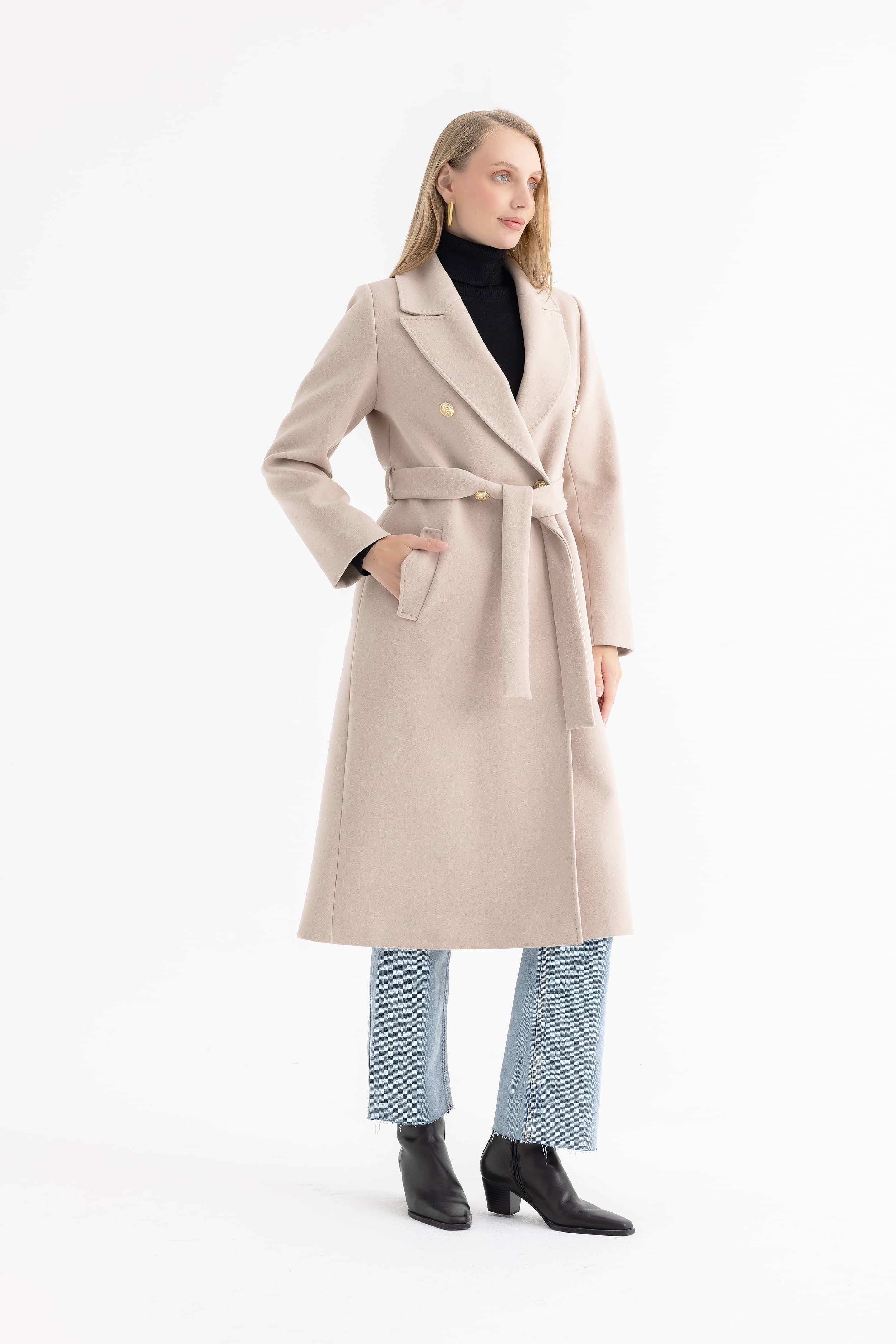 Women’s Long Coat with Notched Lapel, Gold Buttons and Topstitching 4588