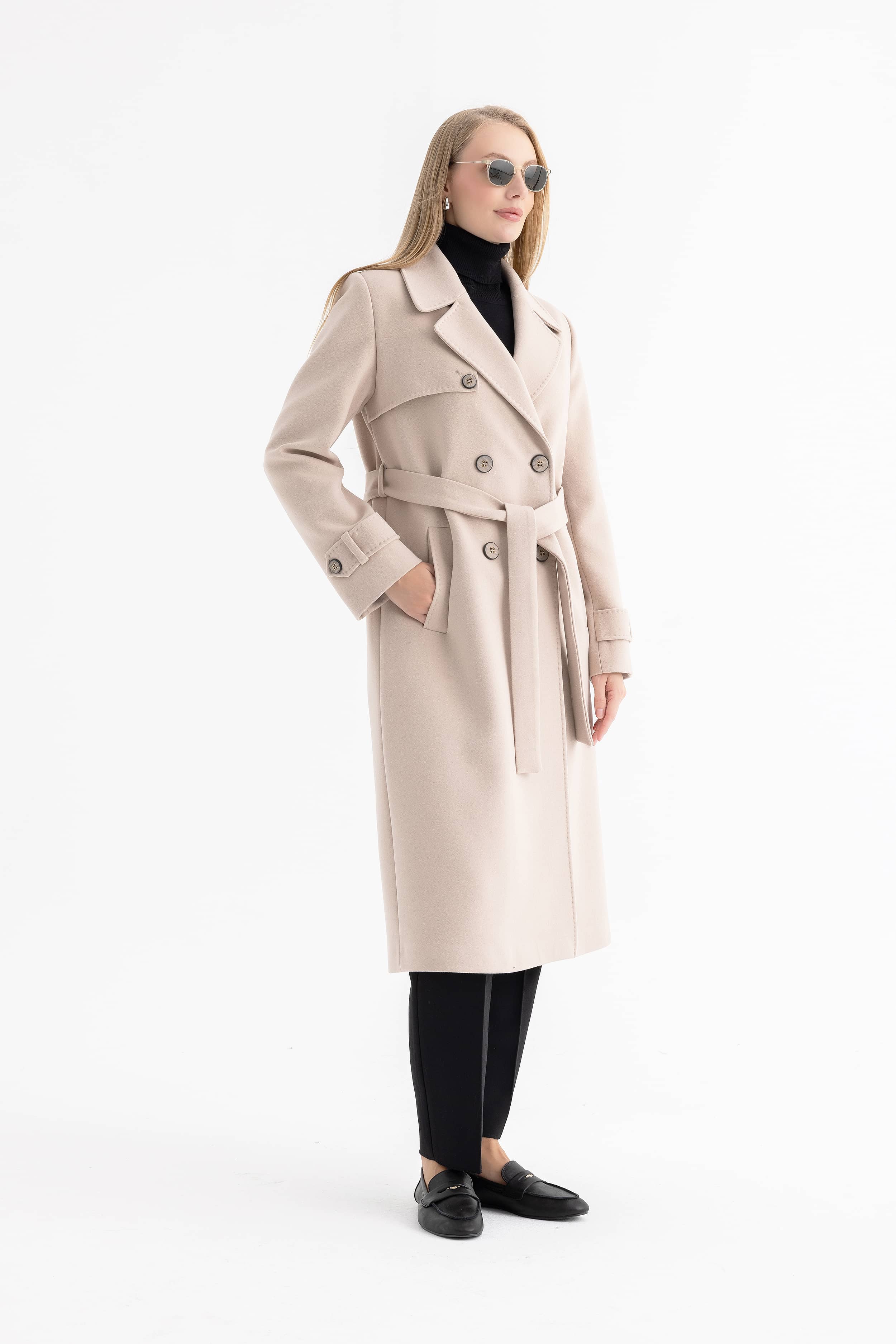 Women’s Long Double-Breasted Coat with Cape and Epaulette Details 4589