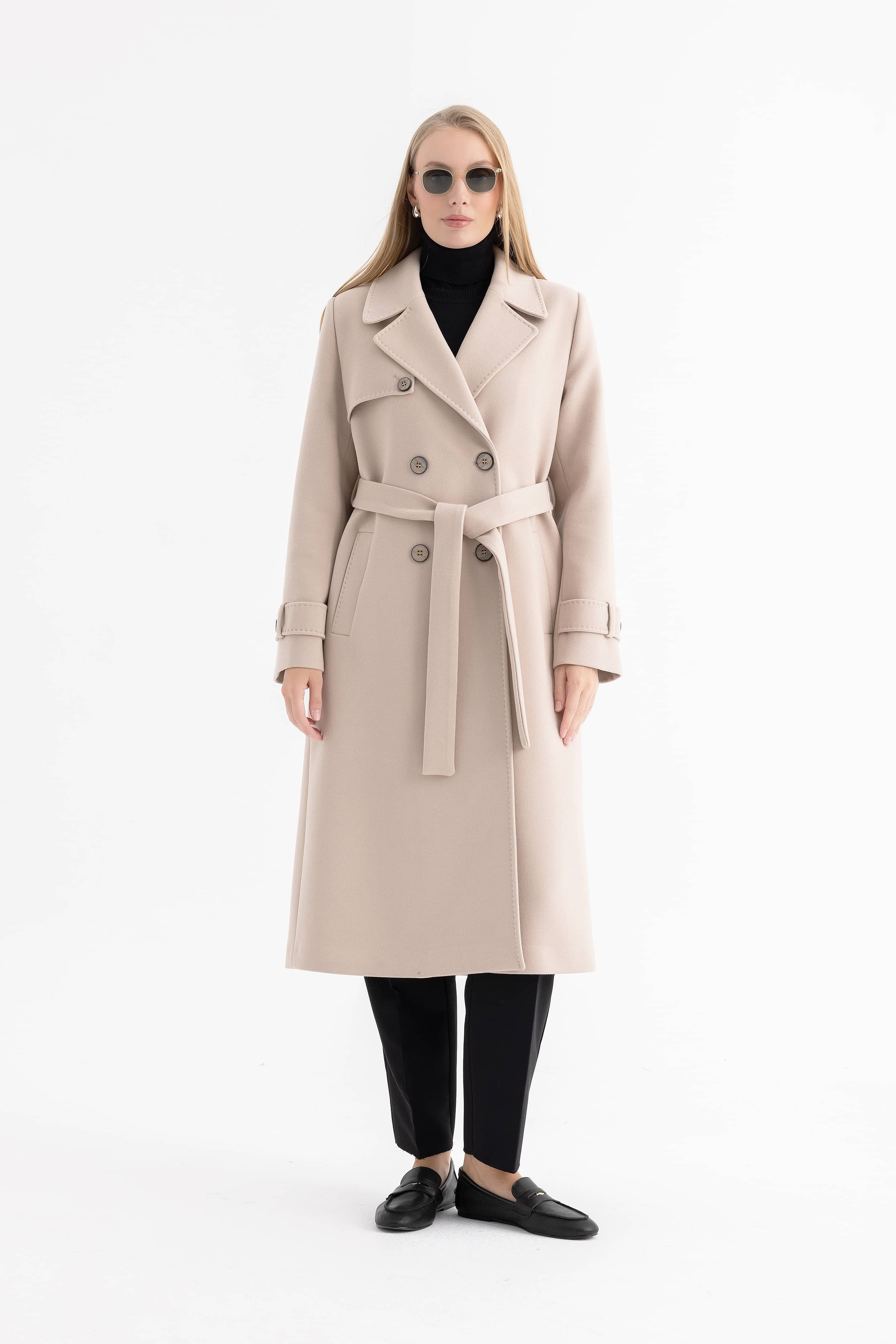 Women’s Long Double-Breasted Coat with Cape and Epaulette Details 4589