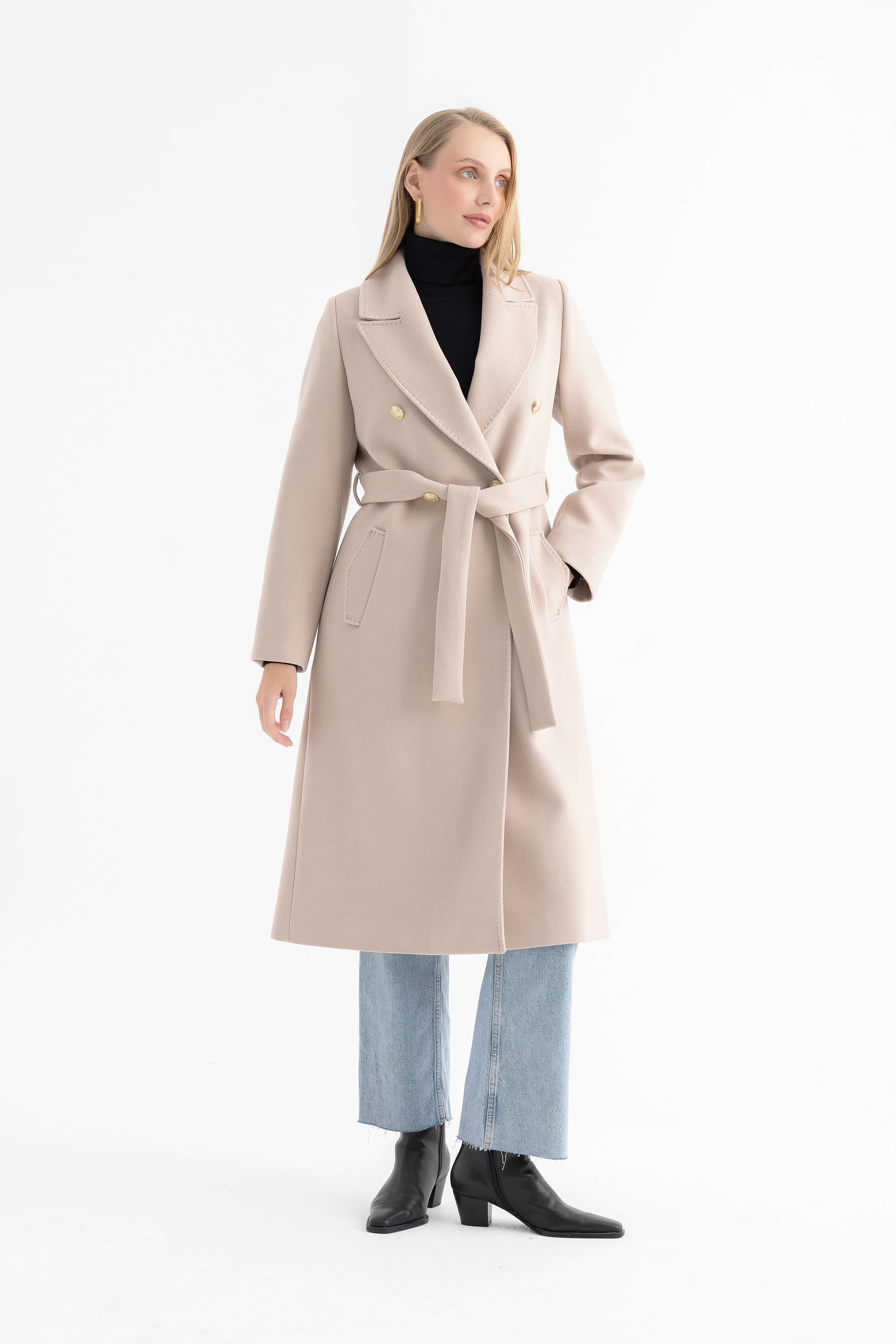 Women’s Long Coat with Notched Lapel, Gold Buttons and Topstitching 4588