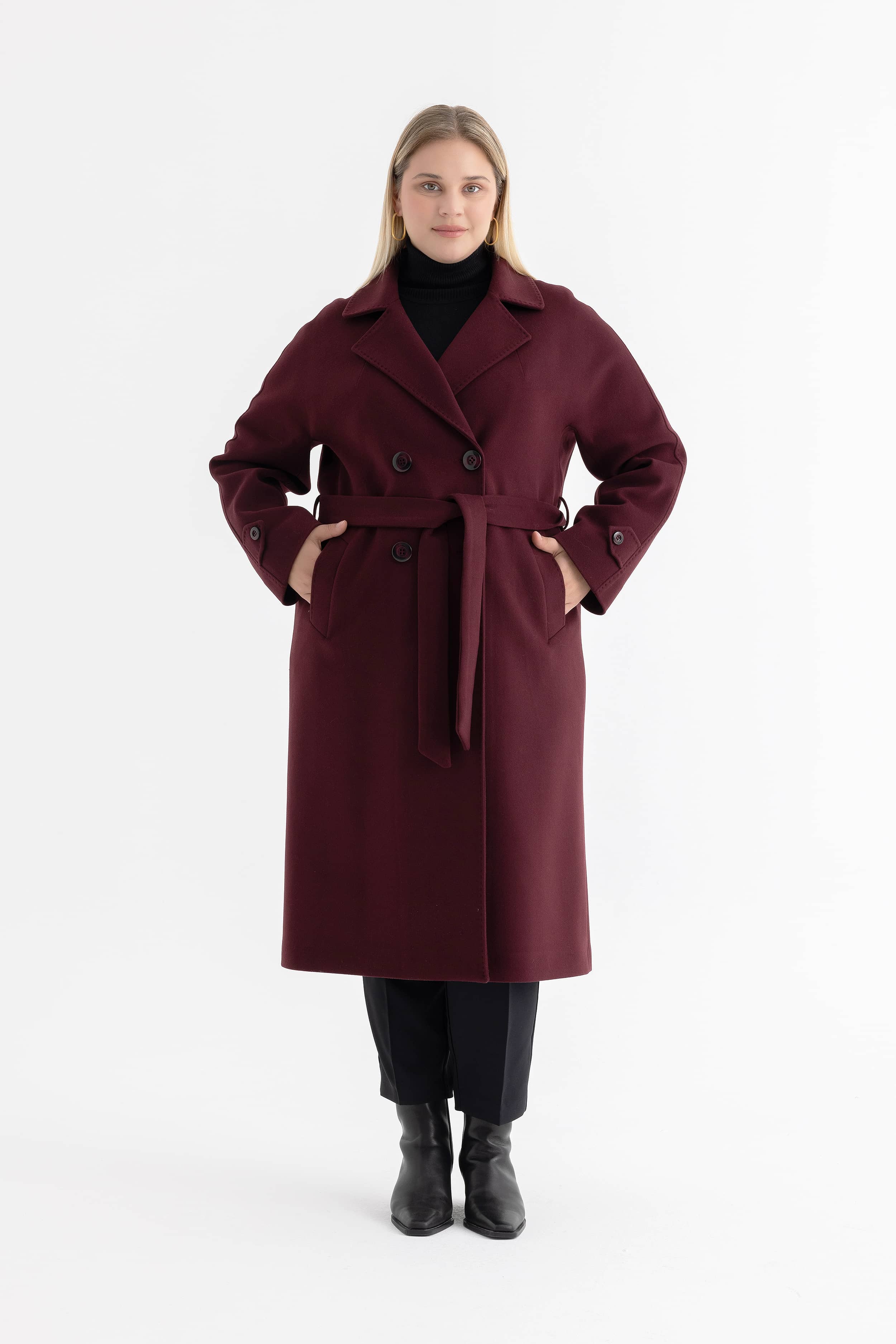 Reglan Kol Punto Dikiş Detaylı Yarım Patlı Uzun Kadın Kaban 4597 - Bordo