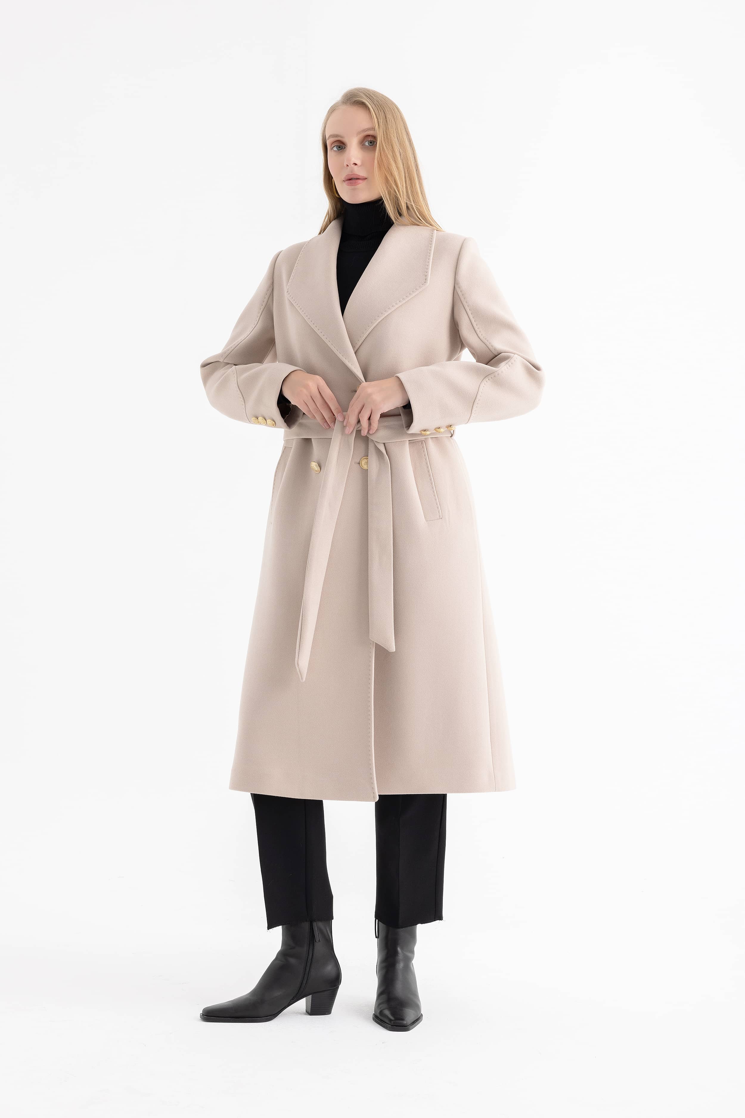 Women’s Peak Lapel Long Double-Breasted Coat with Gold Buttons and Sleeve Details 4590
