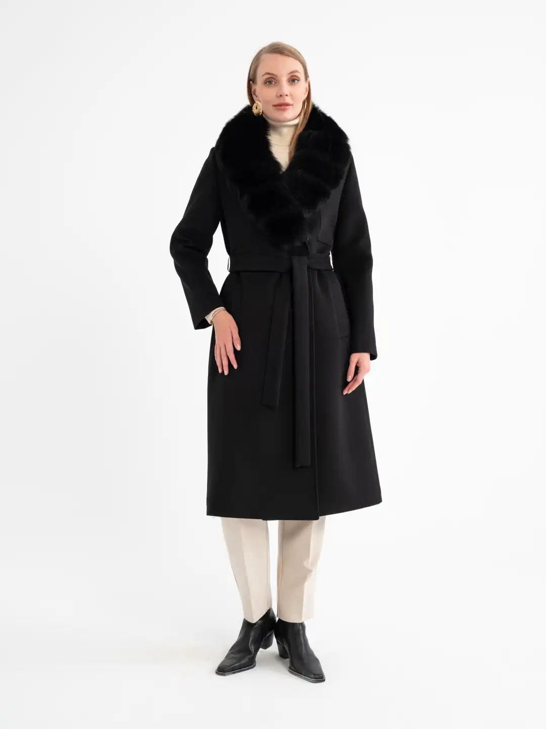 Panelled Front Plush Fox Fur Collar Women's Coat 4091 | Mia Kara