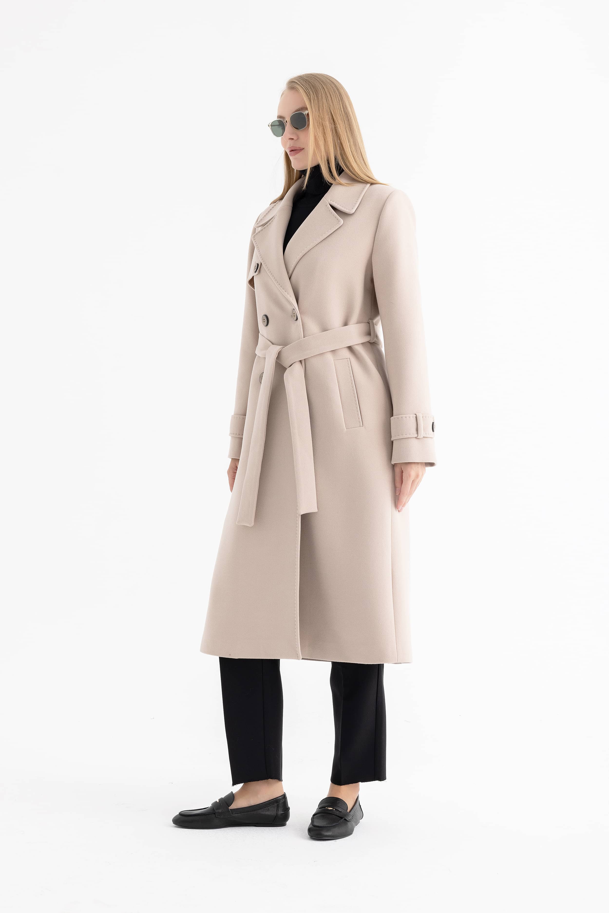 Women’s Long Double-Breasted Coat with Cape and Epaulette Details 4589