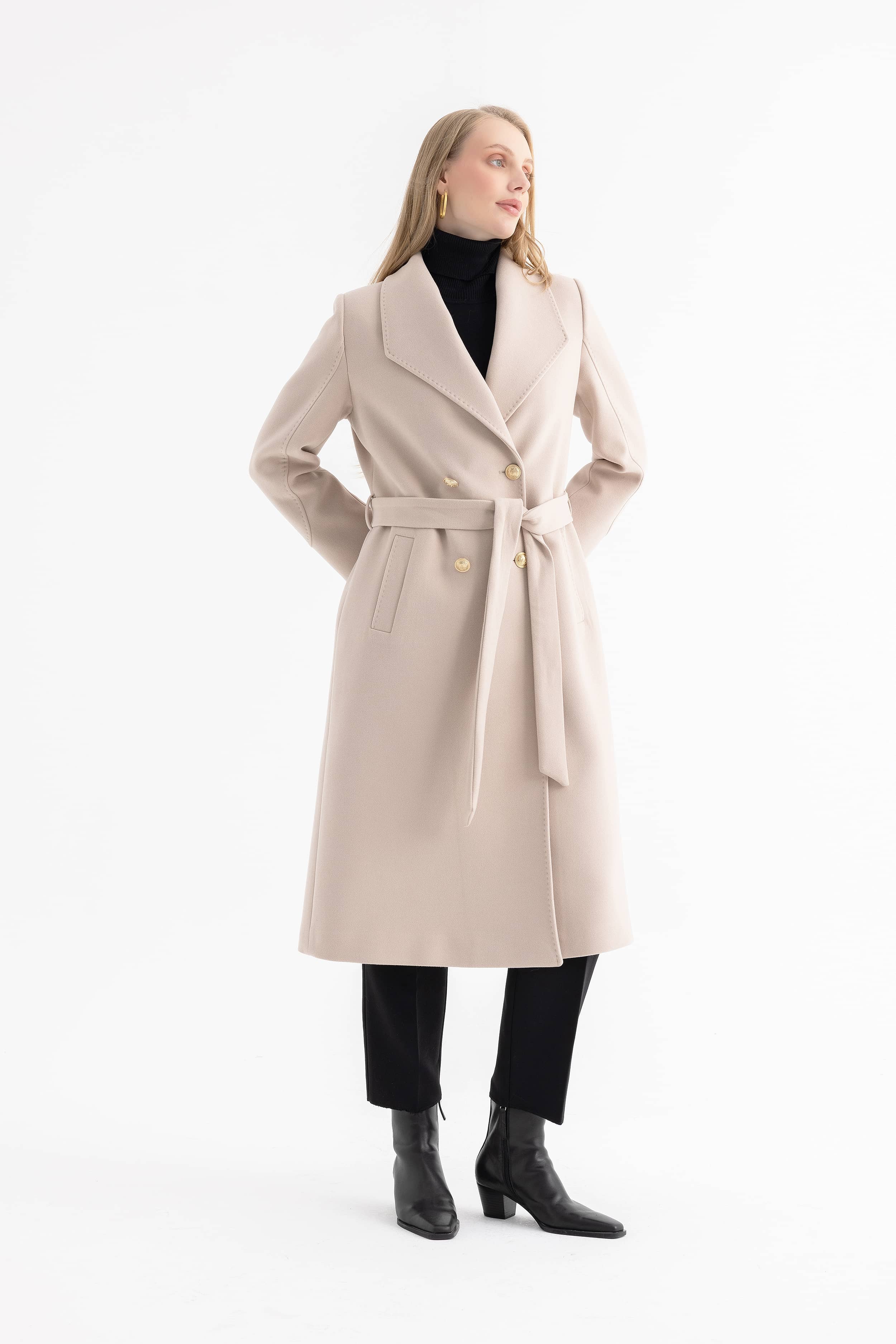 Women’s Peak Lapel Long Double-Breasted Coat with Gold Buttons and Sleeve Details 4590