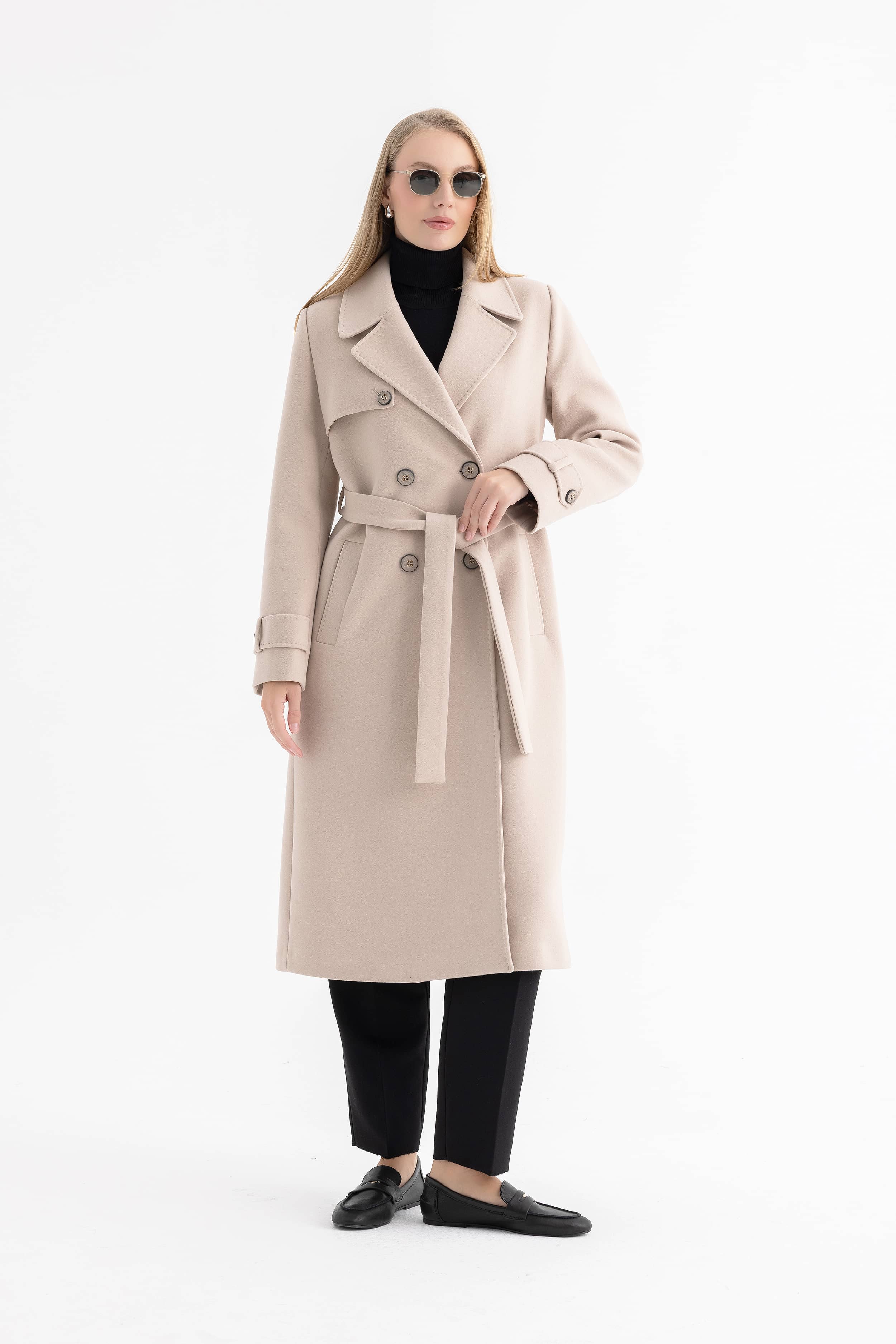 Women’s Long Double-Breasted Coat with Cape and Epaulette Details 4589