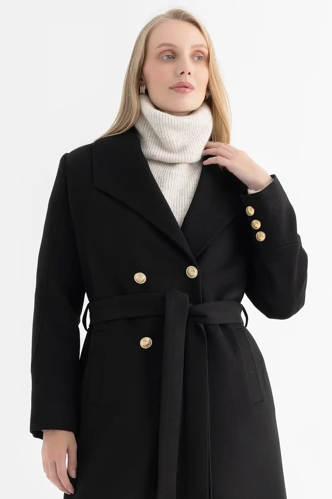 Women's Peak Lapel Long Double-Breasted Coat with Gold Buttons and