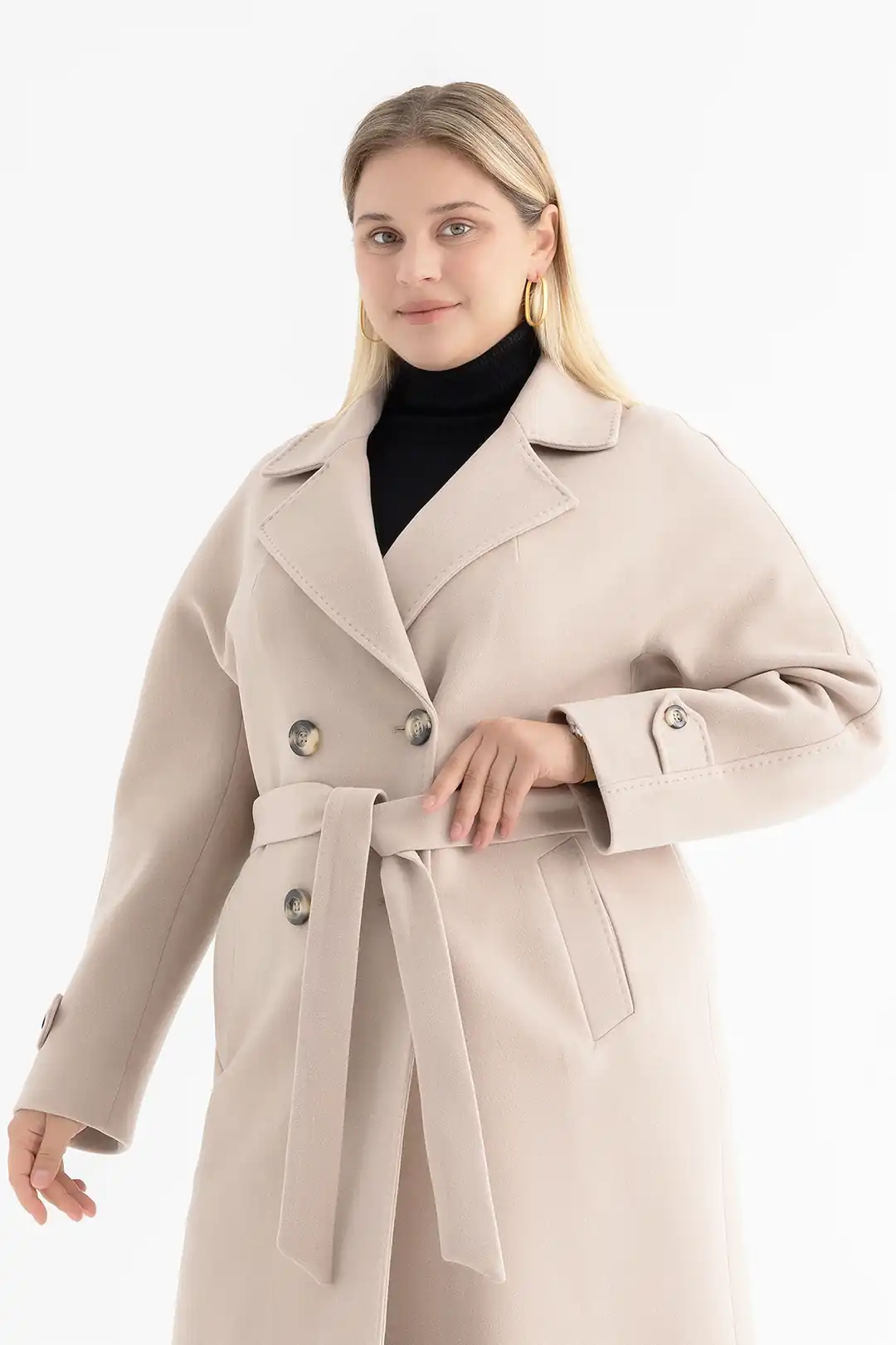 Women's Long Raglan Sleeve Coat with Topstitching and Sleeve Tab