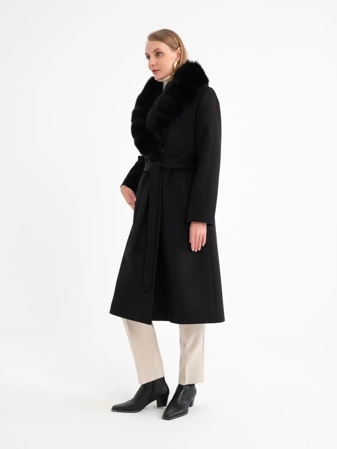 Panelled Front Plush Fox Fur Collar Women's Coat 4091 | Mia Kara