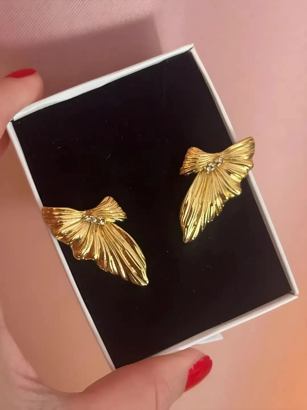 Gold Büyük Form Üç Taş Küpe