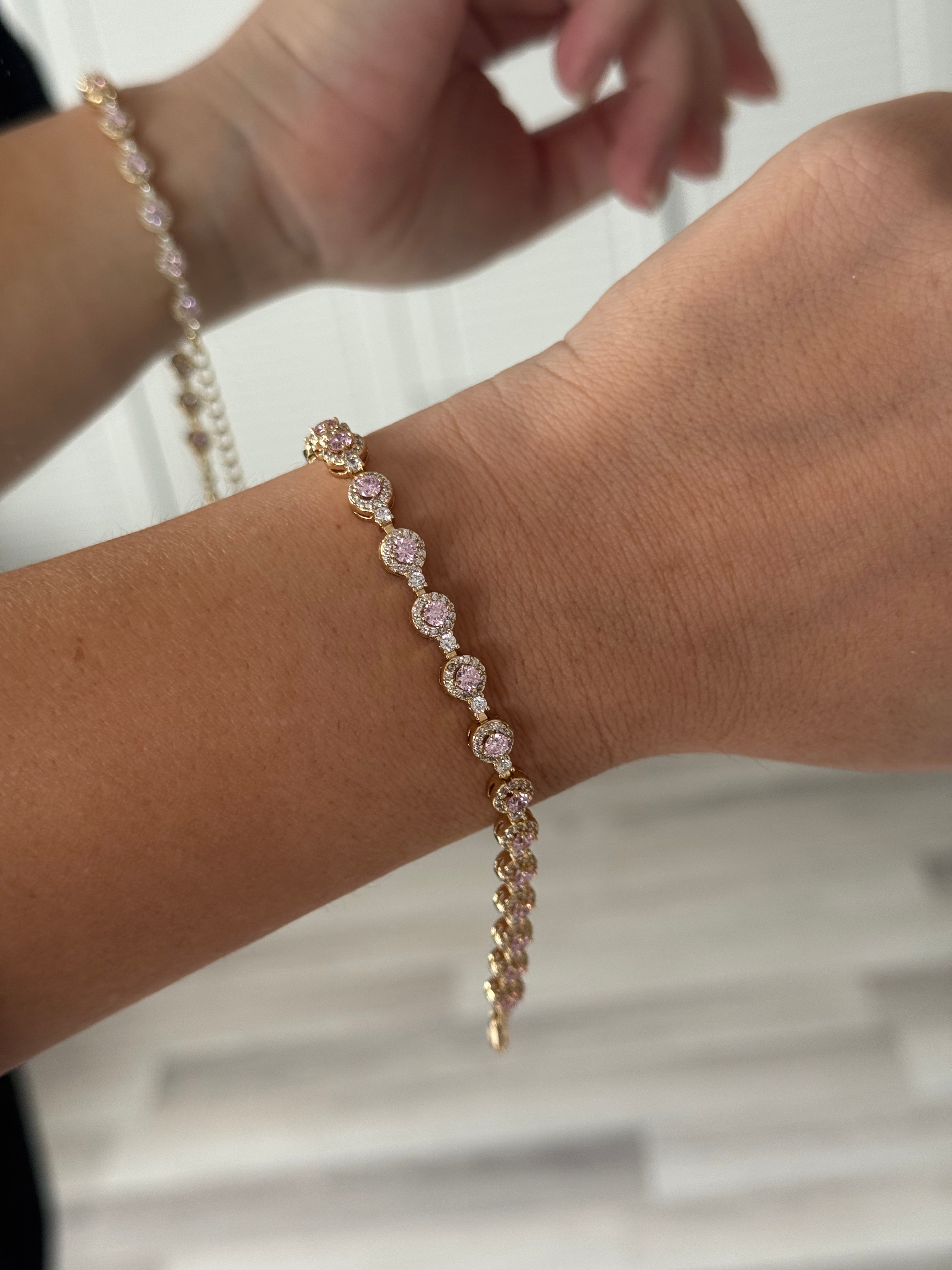 Pembe Taşlı Daire Detaylı Ayarlanabilir Çelik Bileklik 