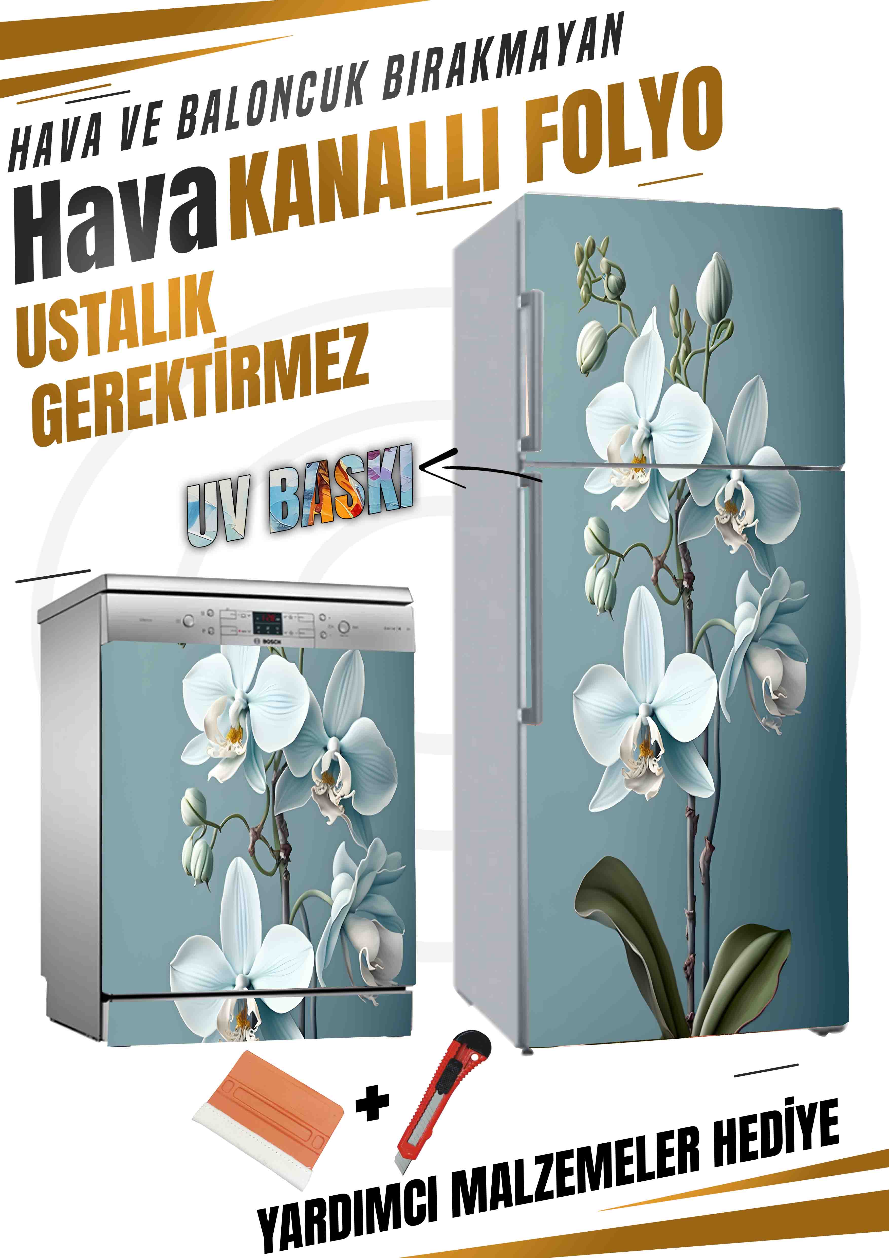 Orkide çiçeği desenli folyo baskı kaplama 