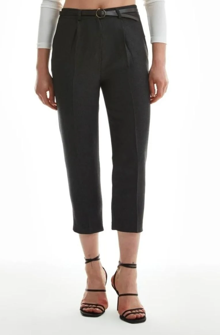 YÜN EFEKT PREMİUM KEMERLİ PANTOLON - SİYAH