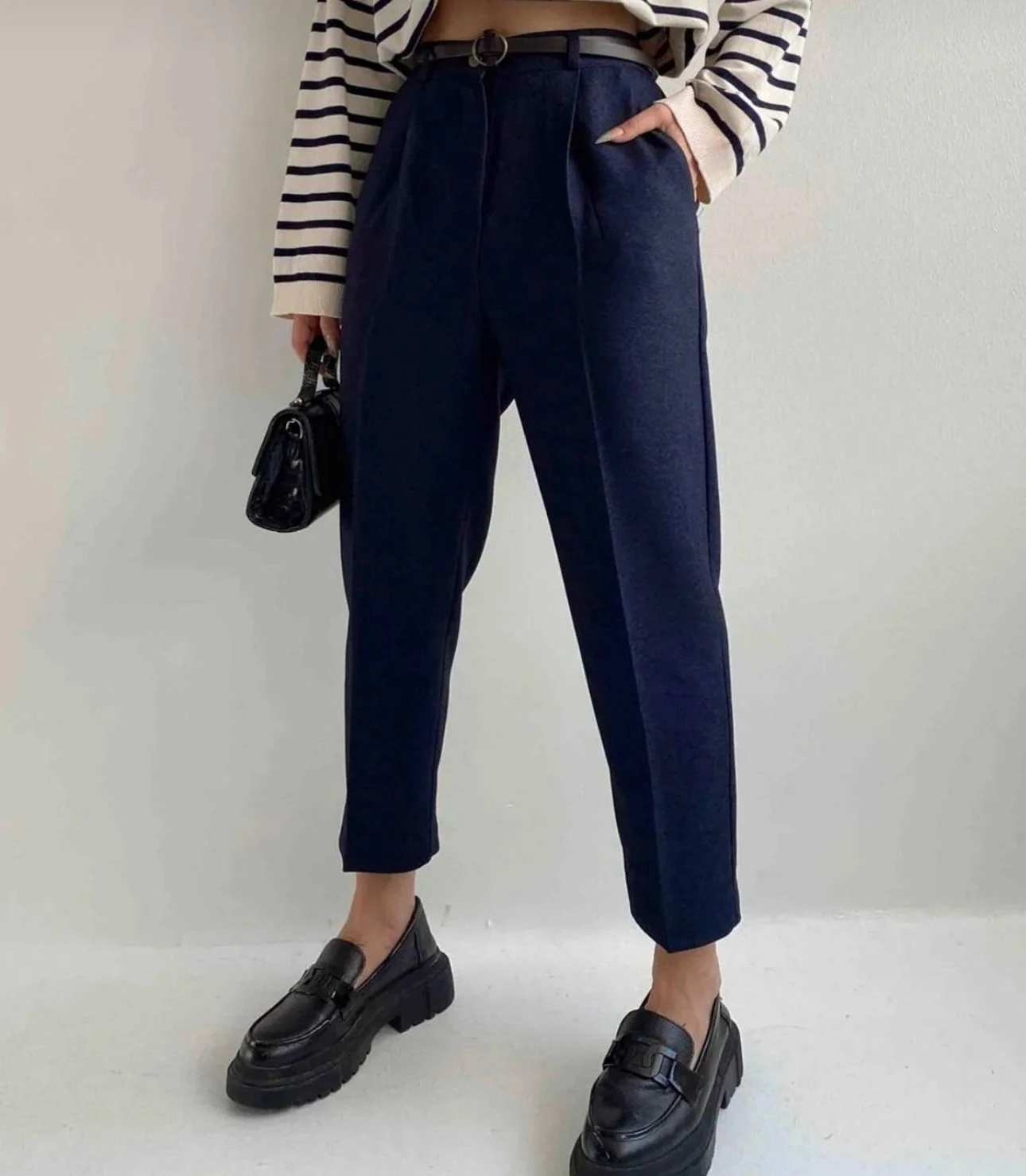 YÜN EFEKT PREMİUM KEMERLİ PANTOLON - LACİVERT