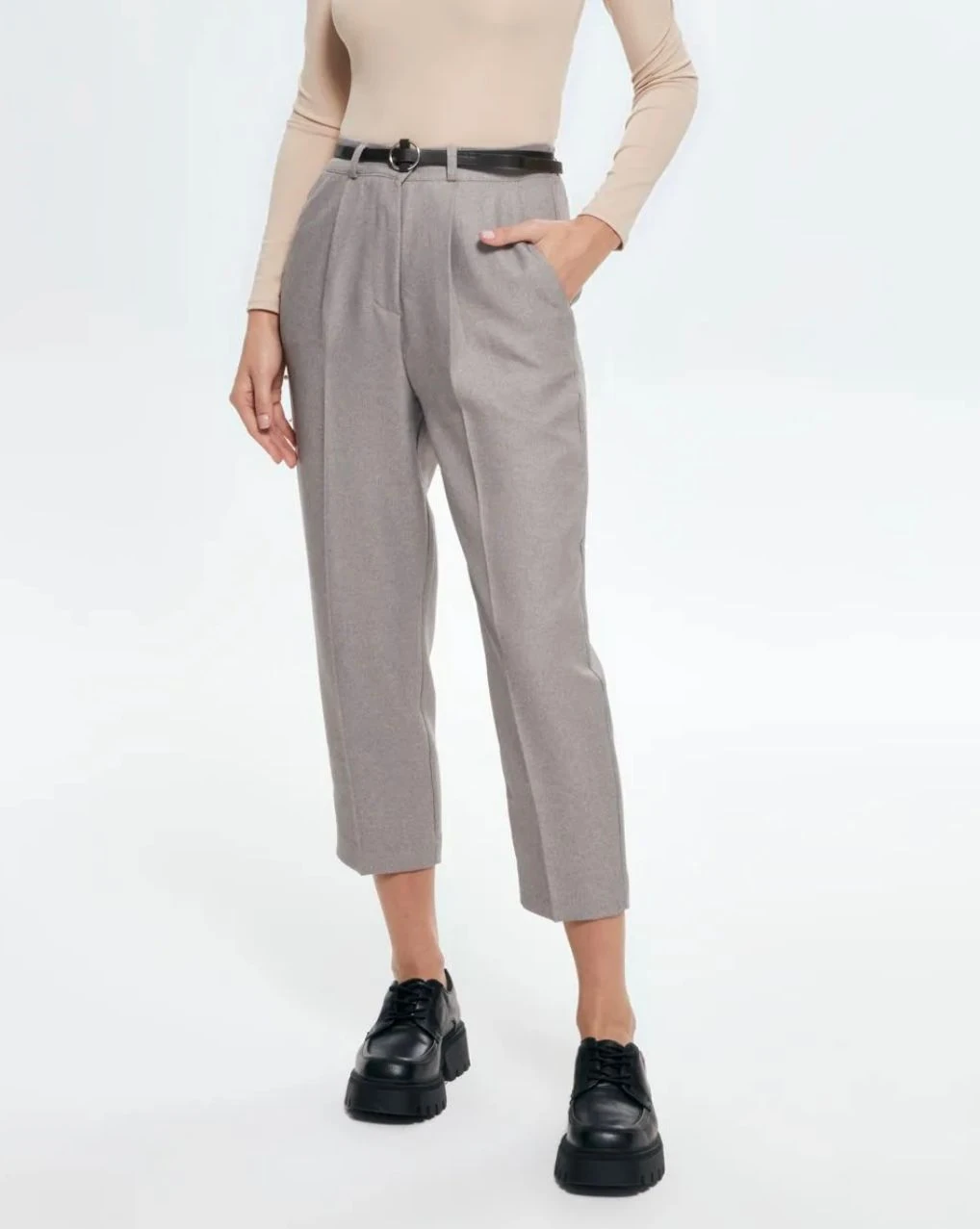 YÜN EFEKT KEMERLİ PANTOLON - GRİ
