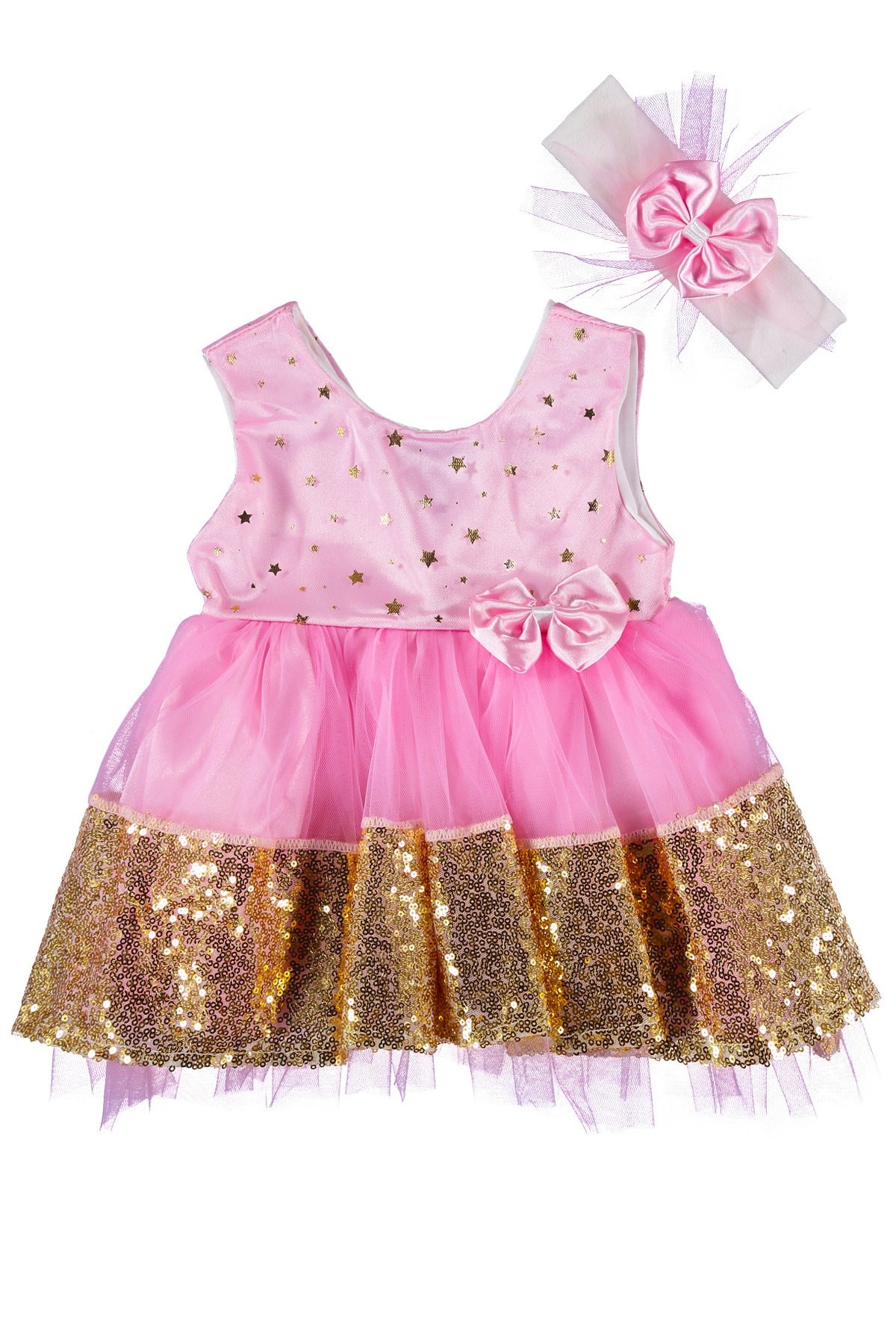 Altın Pullu, Özel Gün Elbisesi, Kız Bebek Elbise – Pembe – Saç Bantlı Bebek Elbise Takım