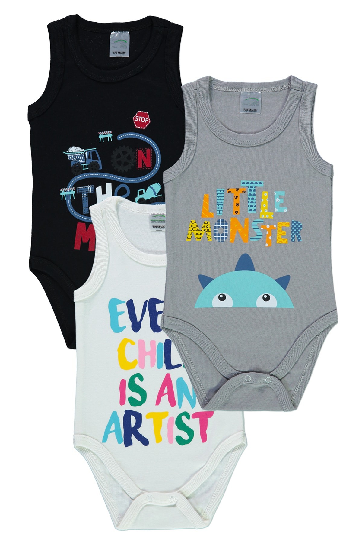 Baskılı, Erkek Bebek Kolsuz 3lü Çıtçıtlı Body Seti