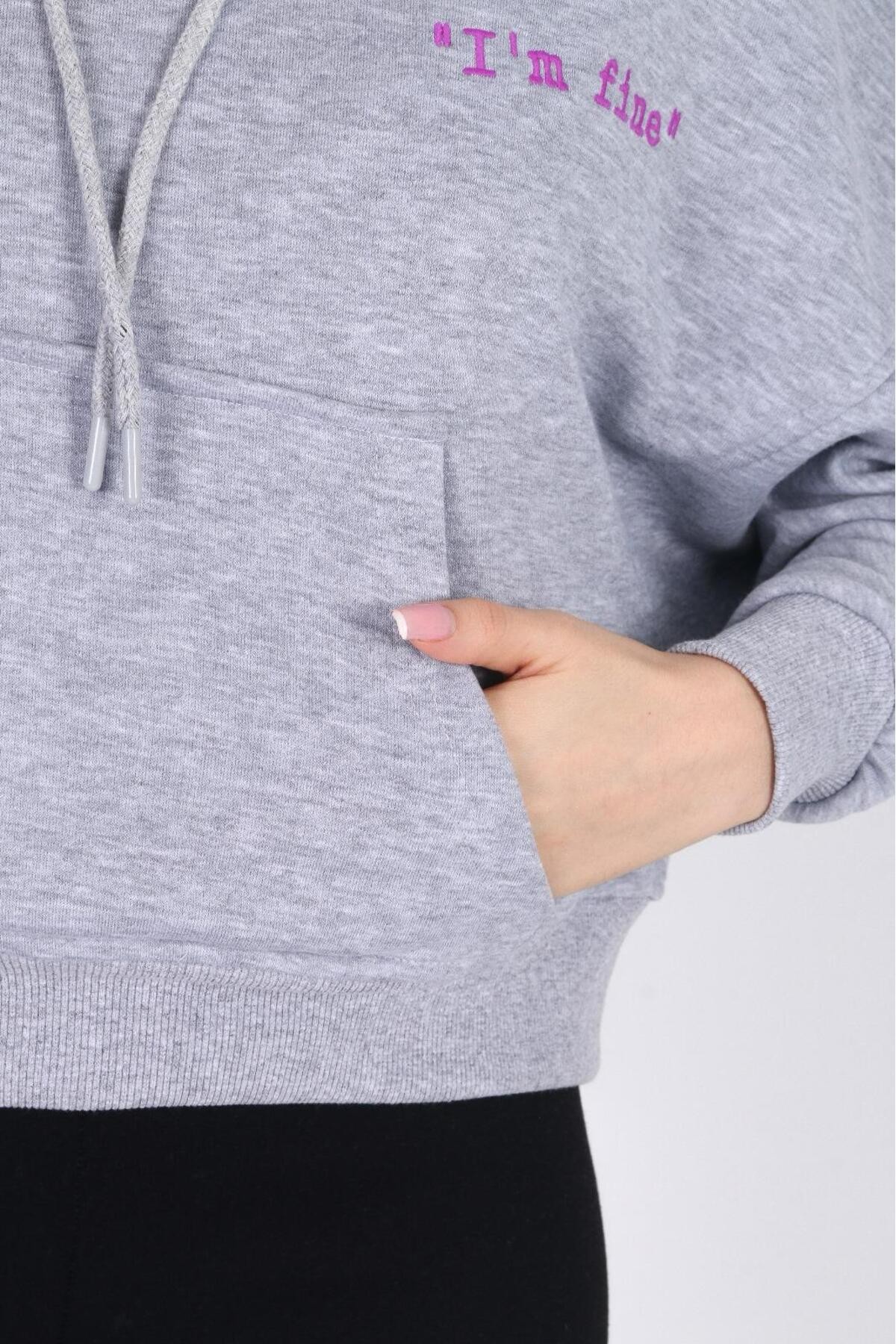 Gri Melanj Kapüşonlu Sweatshirt Oversize Nakışlı 3 İplik Şardonsuz Pamuklu