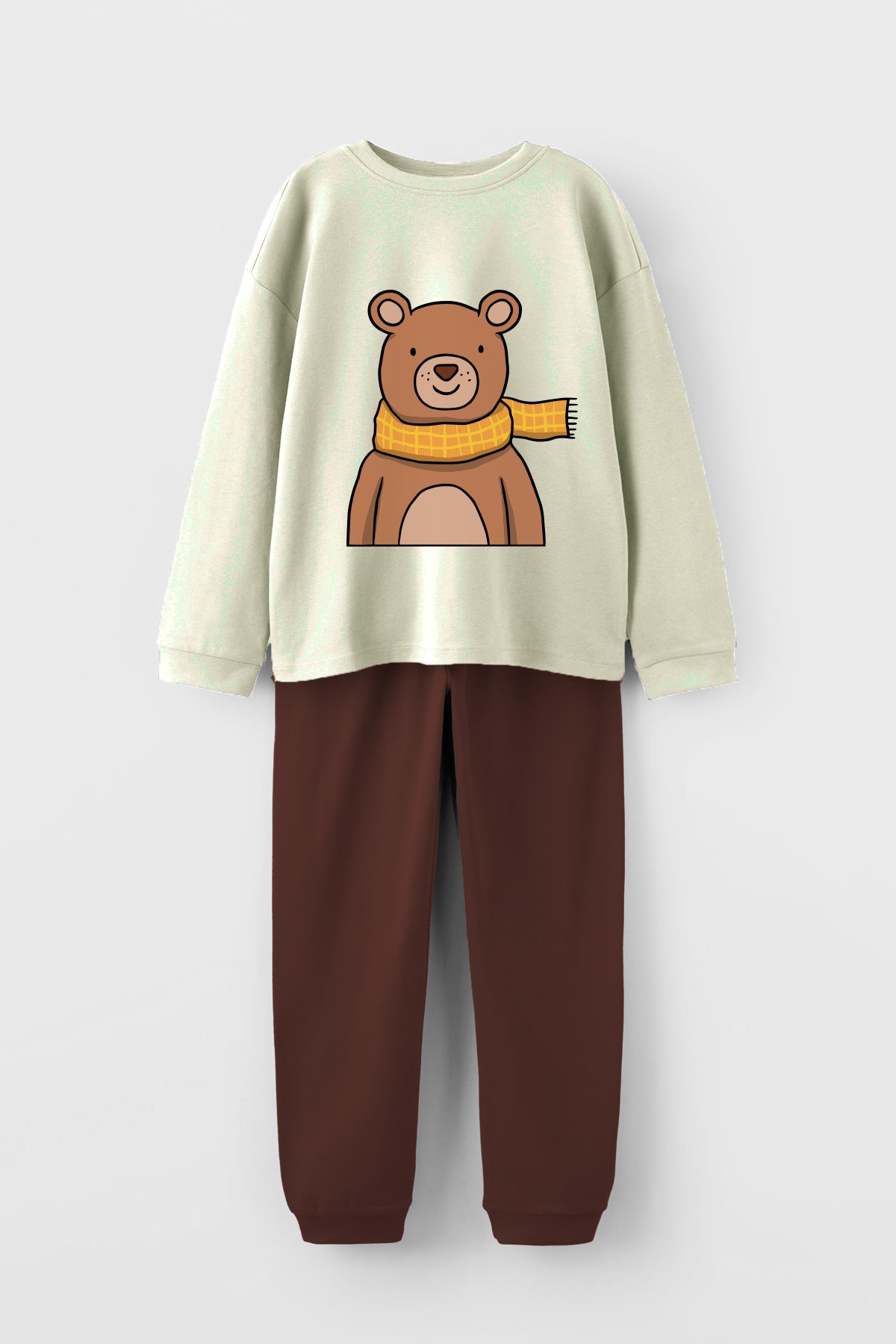 Ayıcık Baskılı %100 Pamuklu Çocuk Pijama Takımı - kahverengi