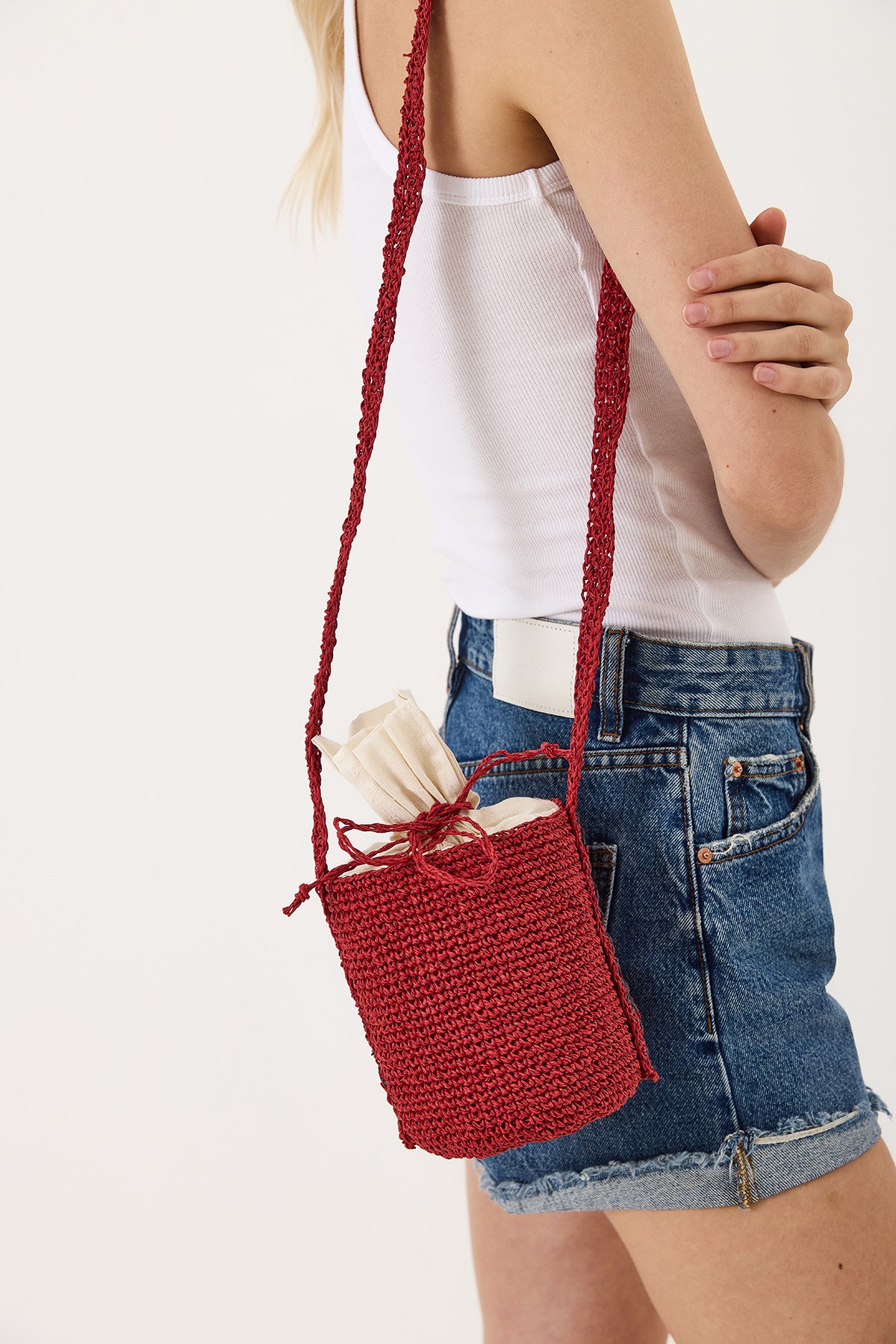 VAYU Natural Threads Bucket Çanta – Kağıt İplikten Astar Cepli Omuz & Çapraz Askılı - Koyu Kırmızı