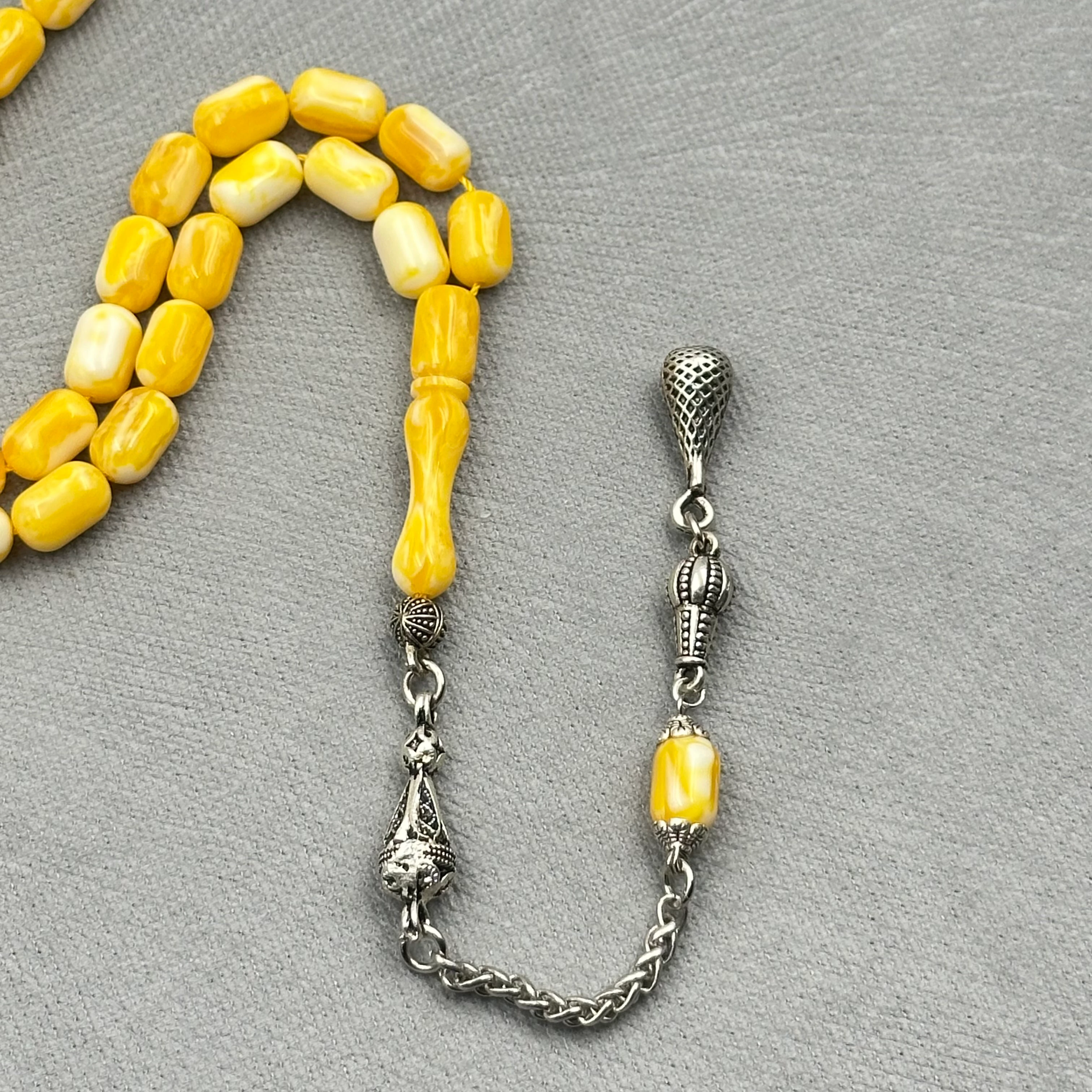 Beyrut Damla Sarı ve Beyaz Hareli Kehribar Usta Yapımı Tespih