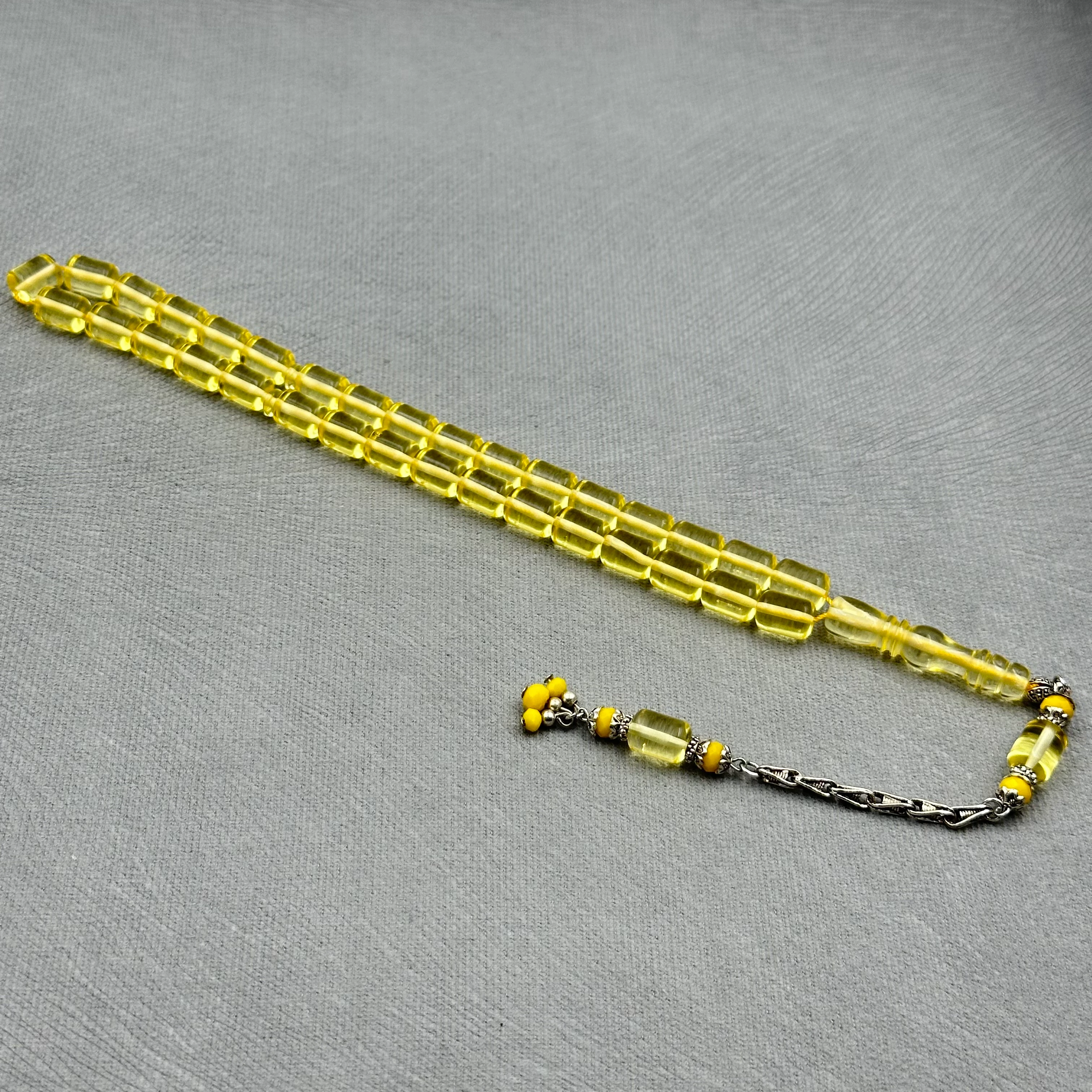 Kral Püsküllü Şeffaf Sarı Ateş Kehribar Tespih