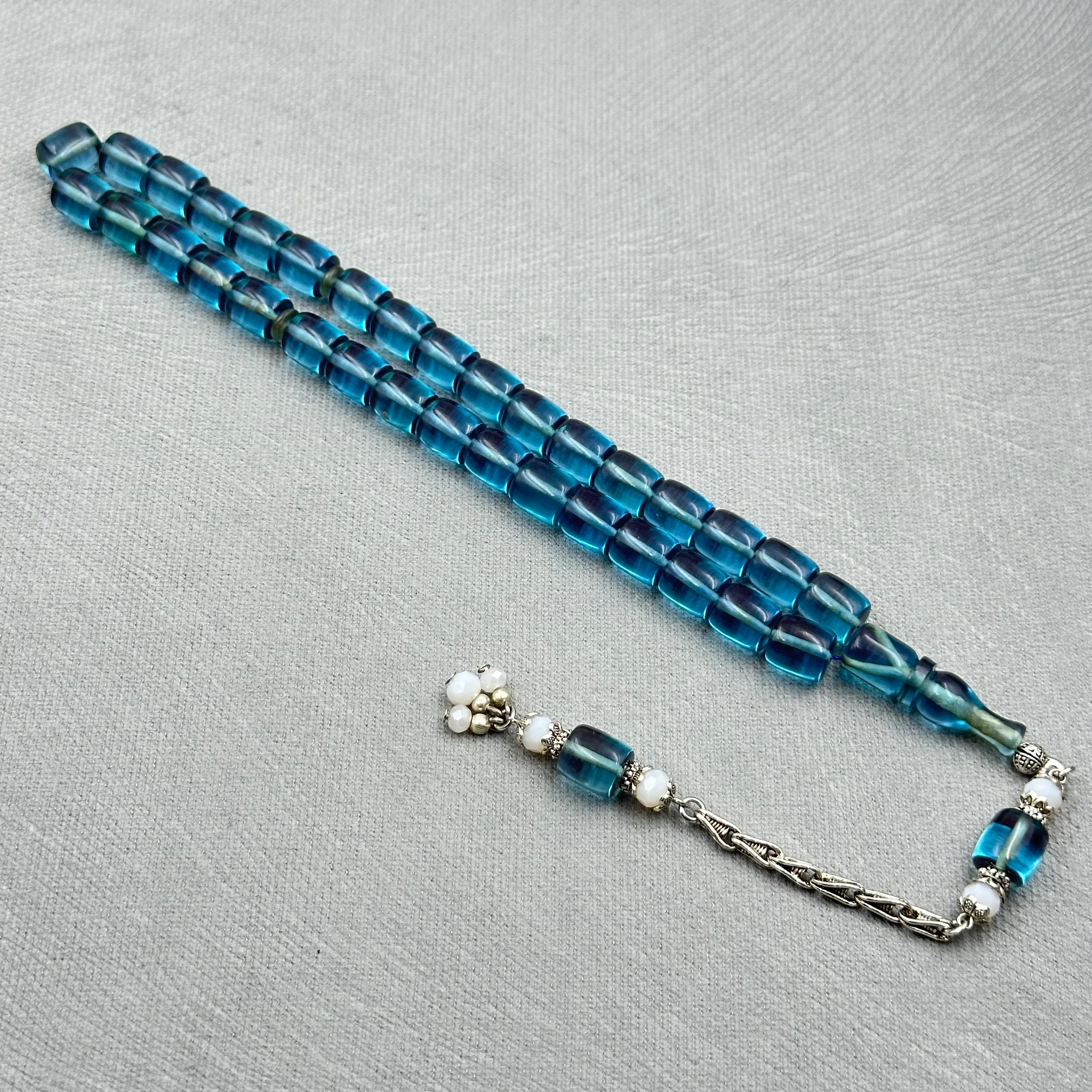 Şeffaf Mavi Aksesuar Boncuklu Kral Püsküllü Ateş Kehribar Tespih