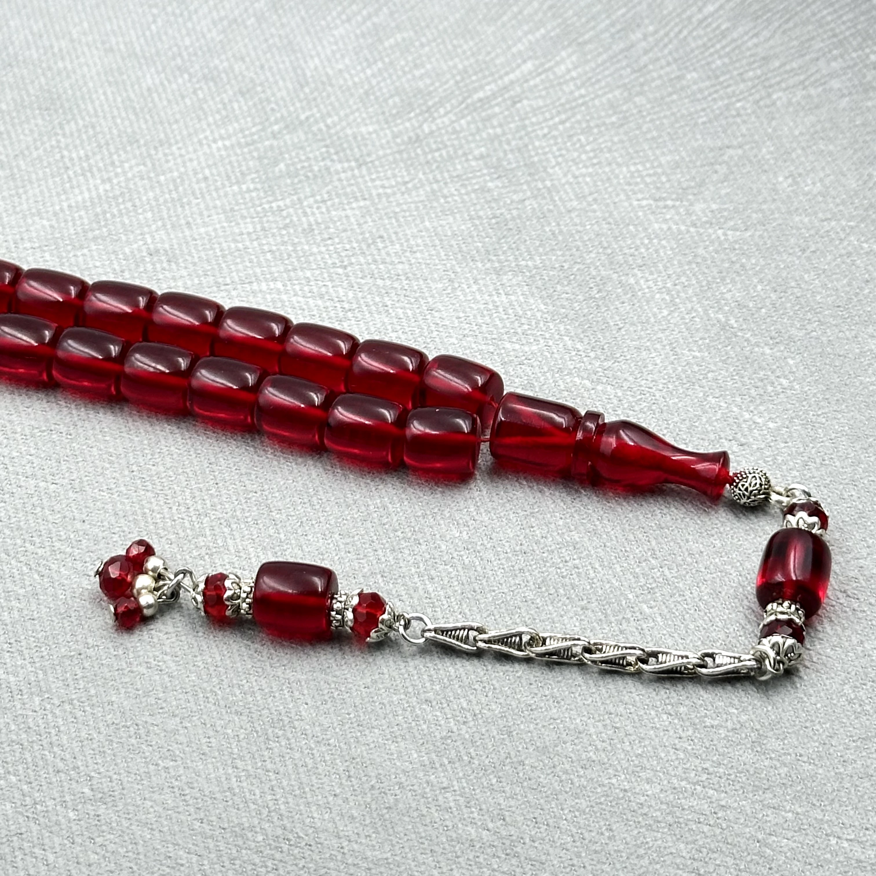 Şeffaf Kırmızı Aksesuar Boncuklu Kral Püsküllü Ateş Kehribar Tespih