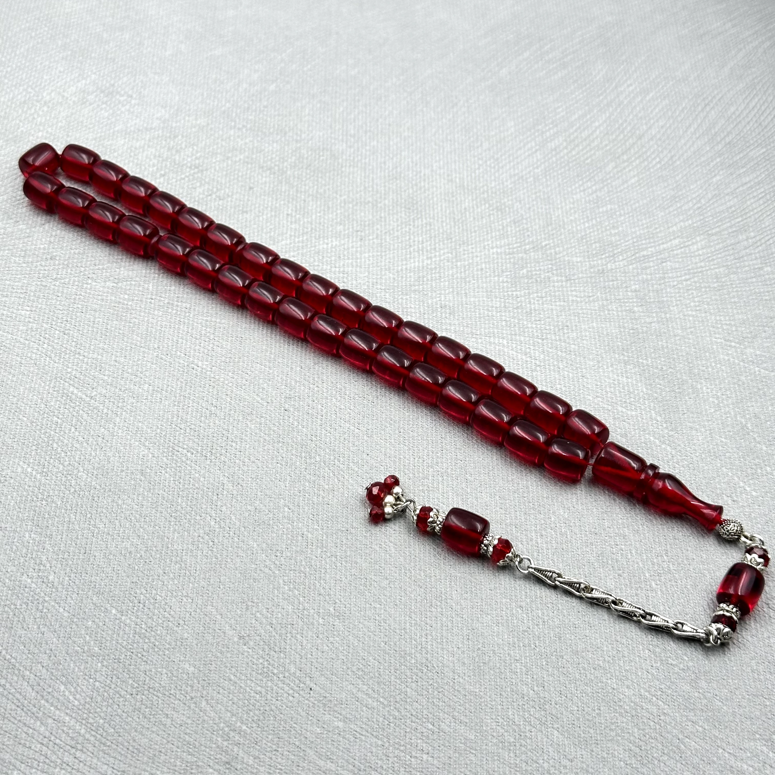 Şeffaf Kırmızı Aksesuar Boncuklu Kral Püsküllü Ateş Kehribar Tespih