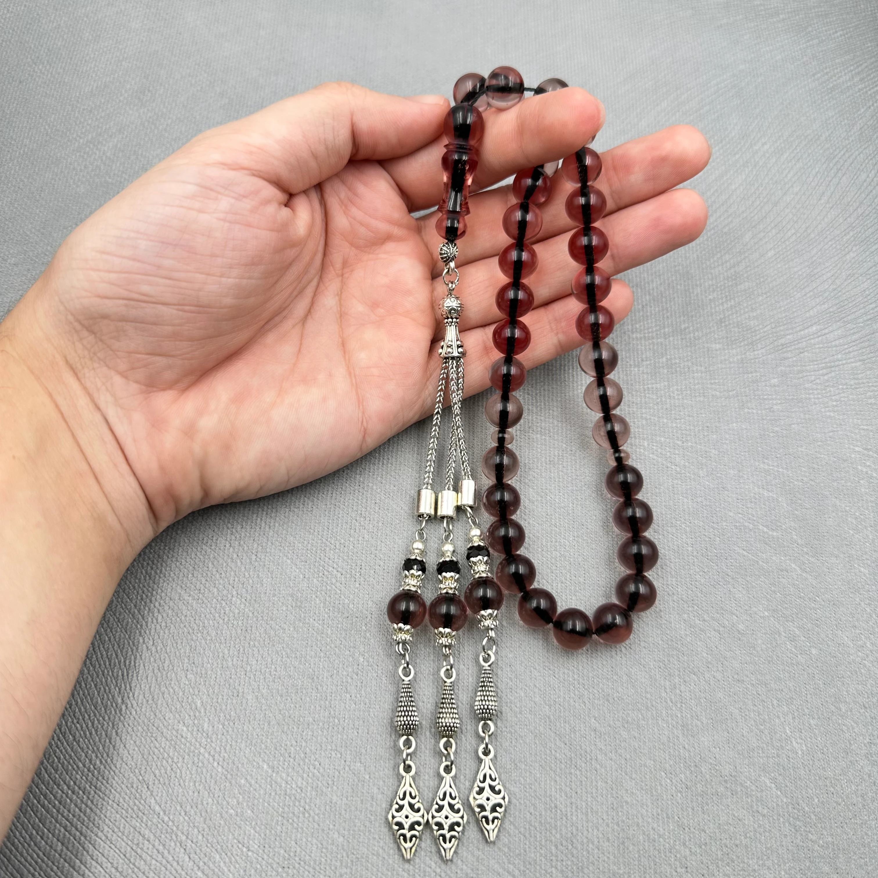 Dumanlı Gül Kurusu Şeffaf Üçlü Alpaka Püsküllü Ateş Kehribar