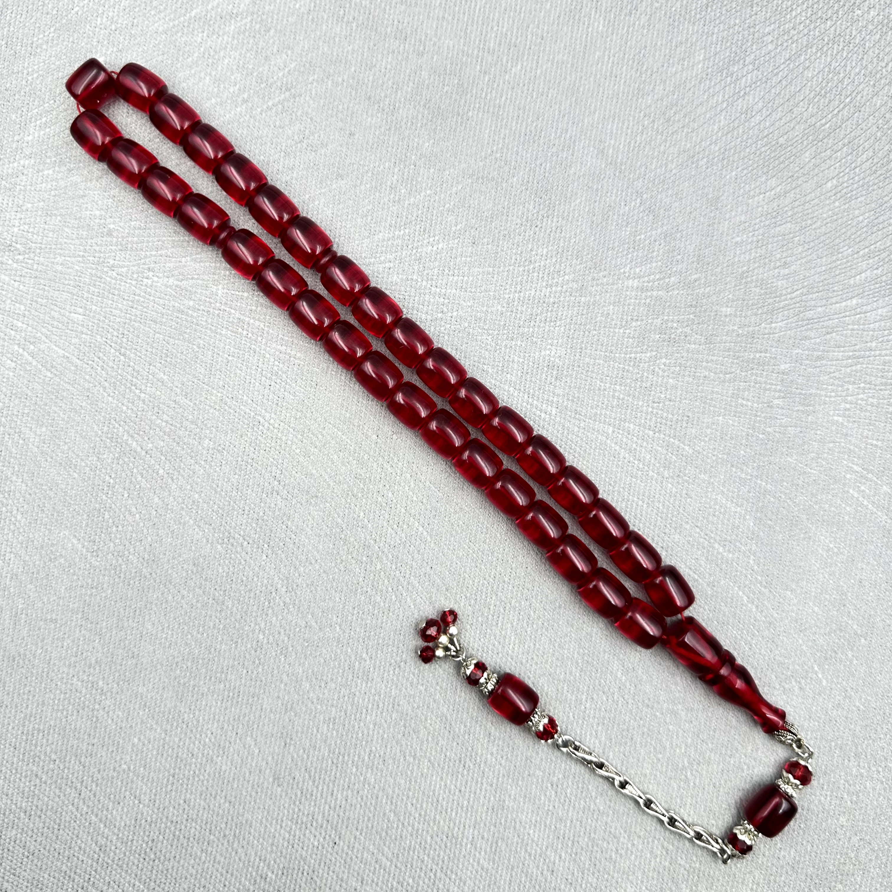 Şeffaf Kırmızı Aksesuar Boncuklu Kral Püsküllü Ateş Kehribar Tespih