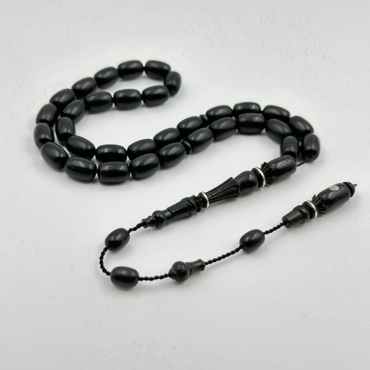 Özel Nakkaş Oymalı Gümüş İşlemeli Abanoz Ağacı Tespih