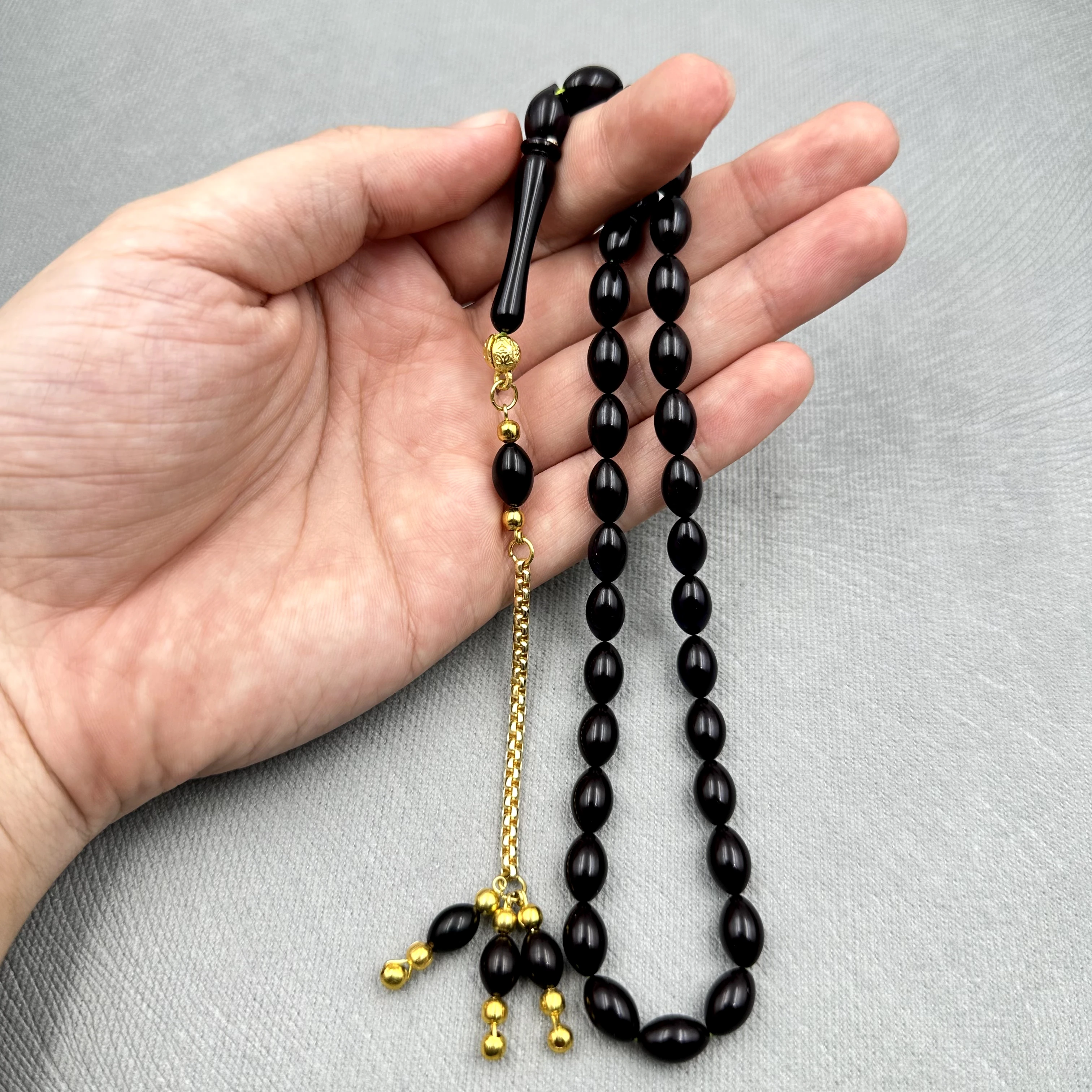 Burak Özecik Usta İşi Petrol Mavisi Rengi Çelik Zincir Püsküllü Sıkma Kehribar Tespih