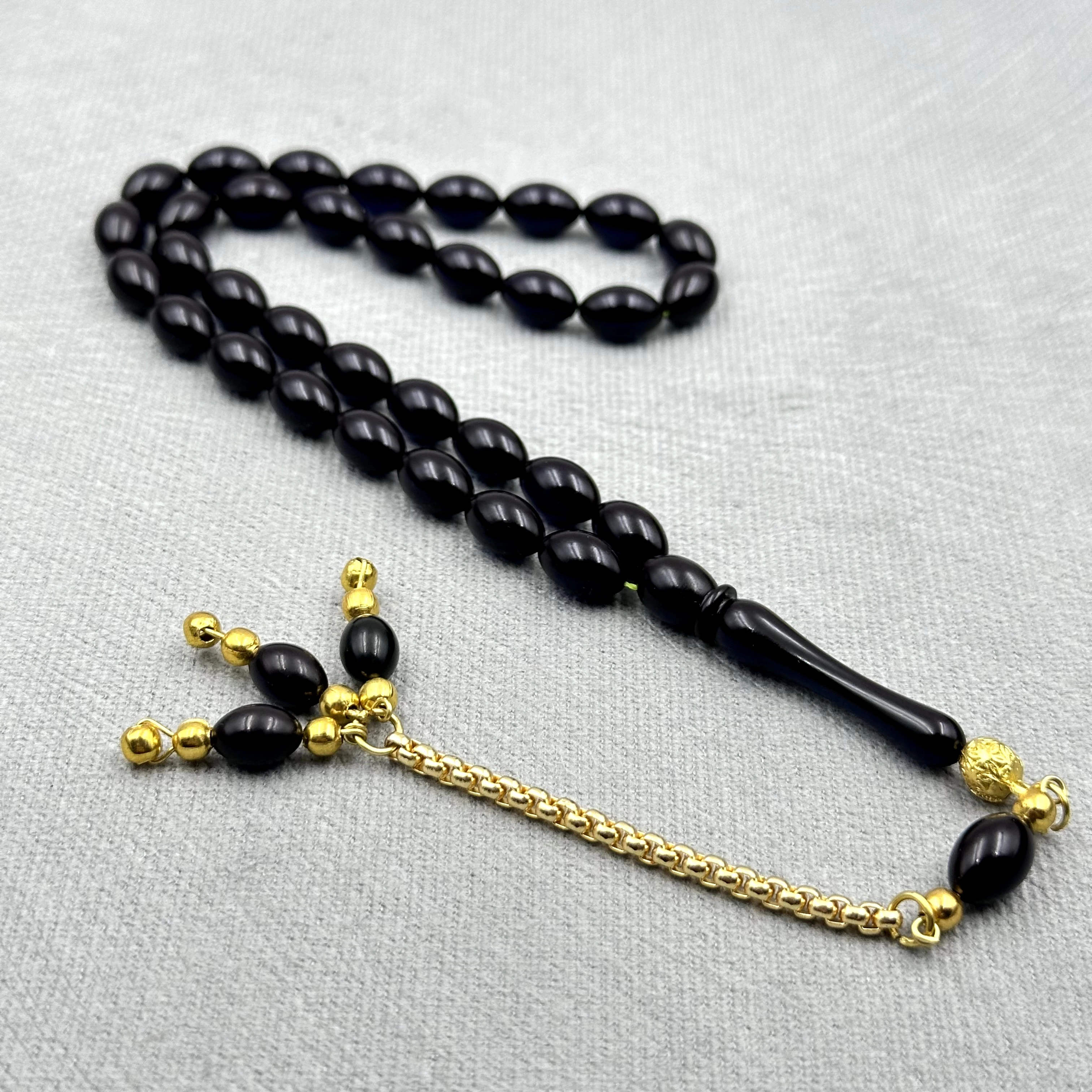 Burak Özecik Usta İşi Petrol Mavisi Rengi Çelik Zincir Püsküllü Sıkma Kehribar Tespih