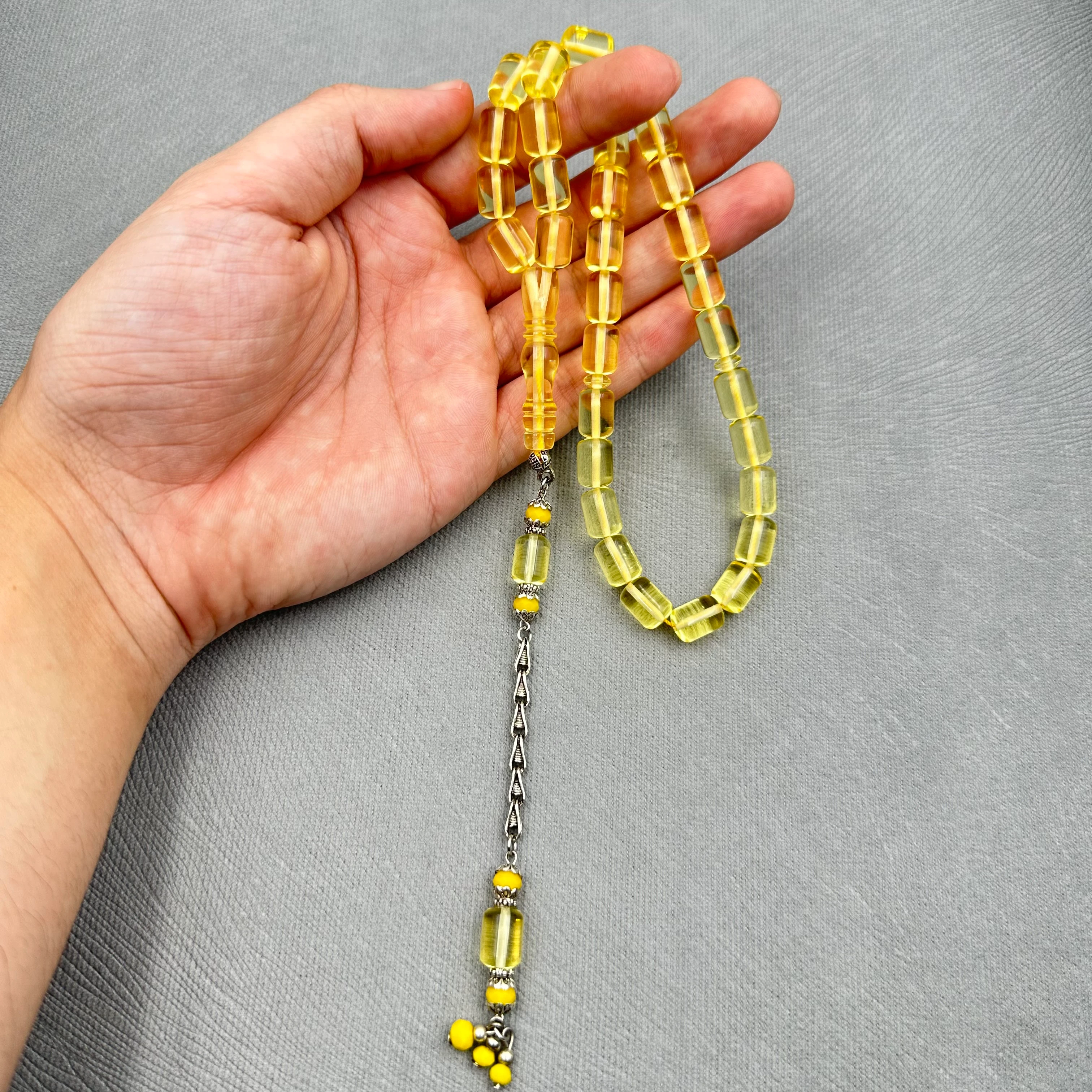 Kral Püsküllü Şeffaf Sarı Ateş Kehribar Tespih