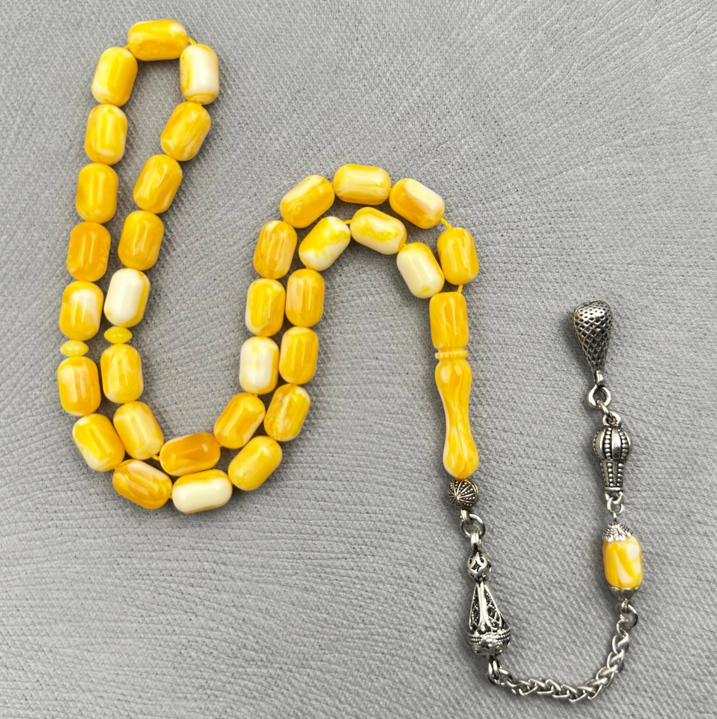 Beyrut Damla Sarı ve Beyaz Hareli Kehribar Usta Yapımı Tespih