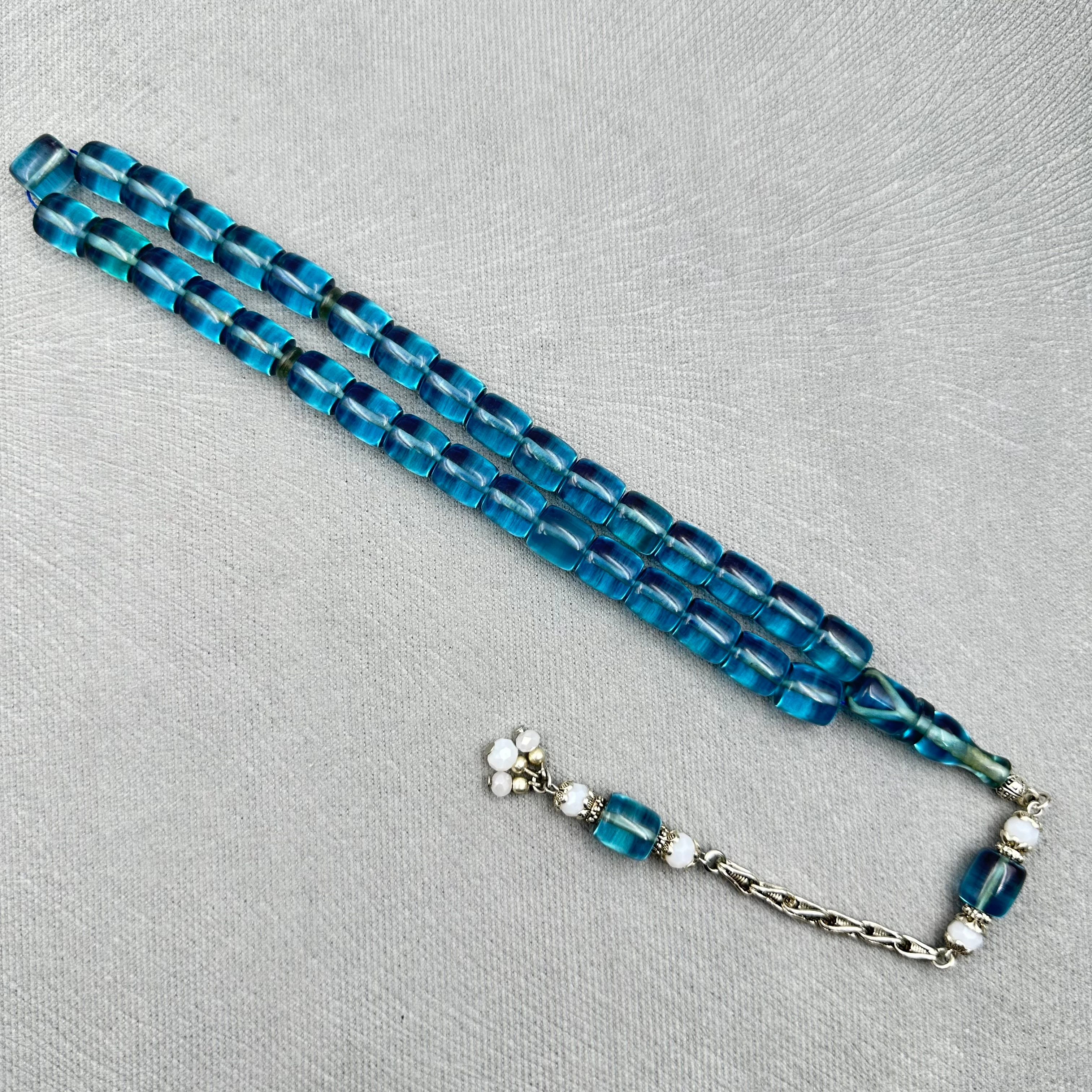 Şeffaf Mavi Aksesuar Boncuklu Kral Püsküllü Ateş Kehribar Tespih