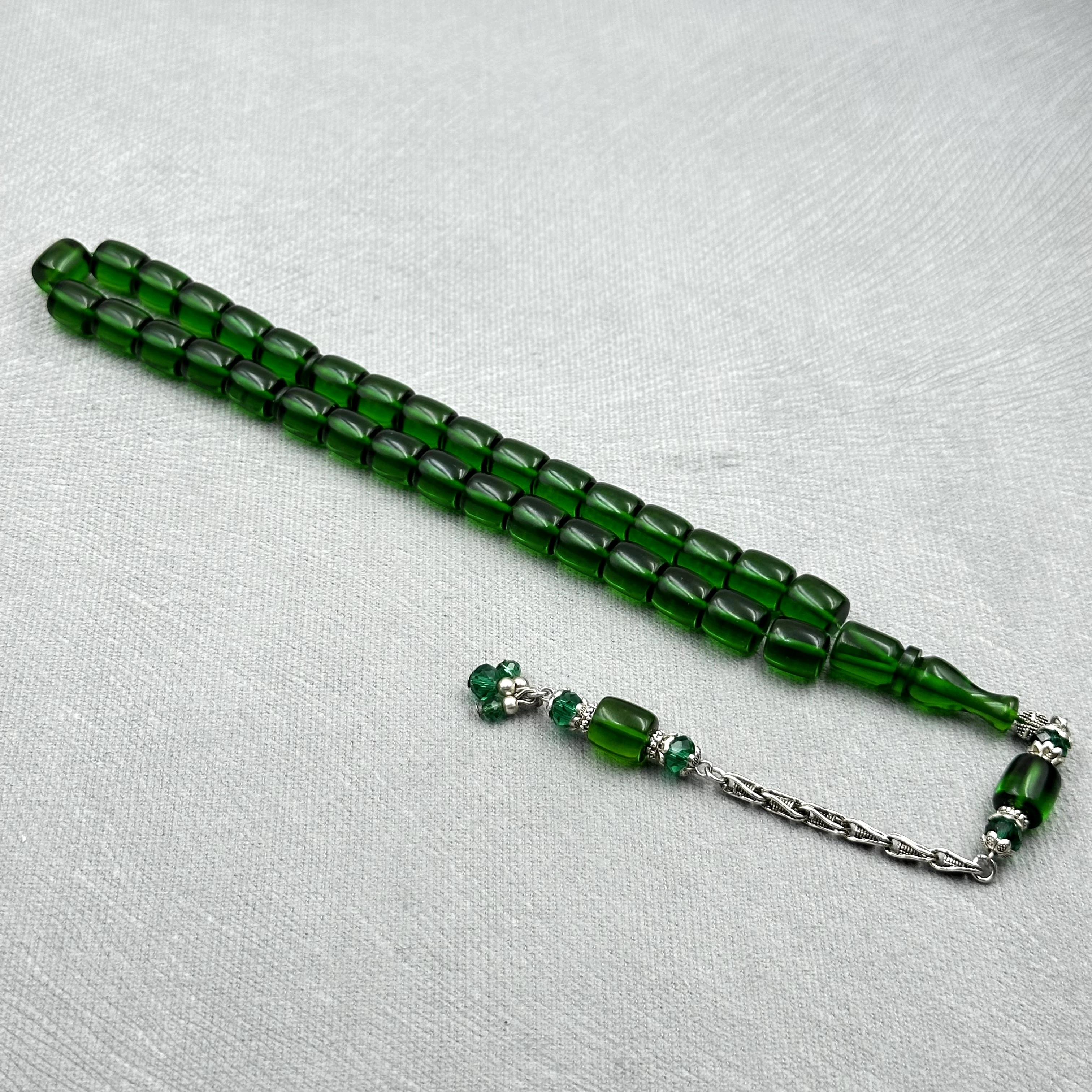 Şeffaf Yeşil Aksesuar Boncuklu Kral Püsküllü Ateş Kehribar Tespih