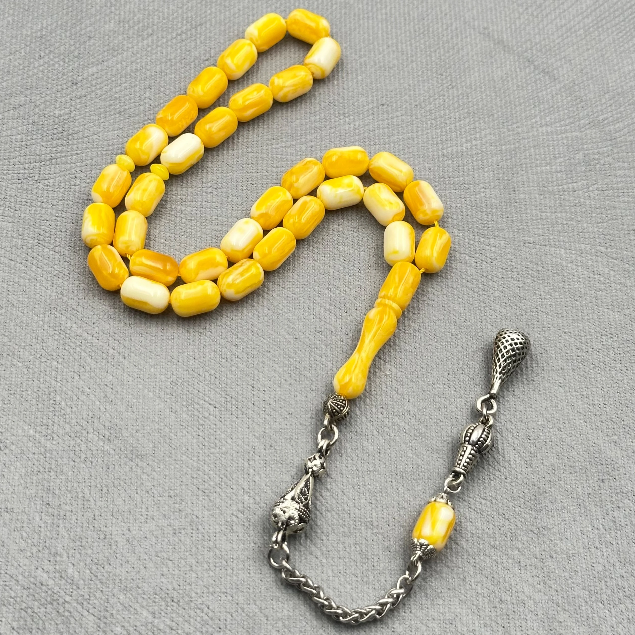 Beyrut Damla Sarı ve Beyaz Hareli Kehribar Usta Yapımı Tespih