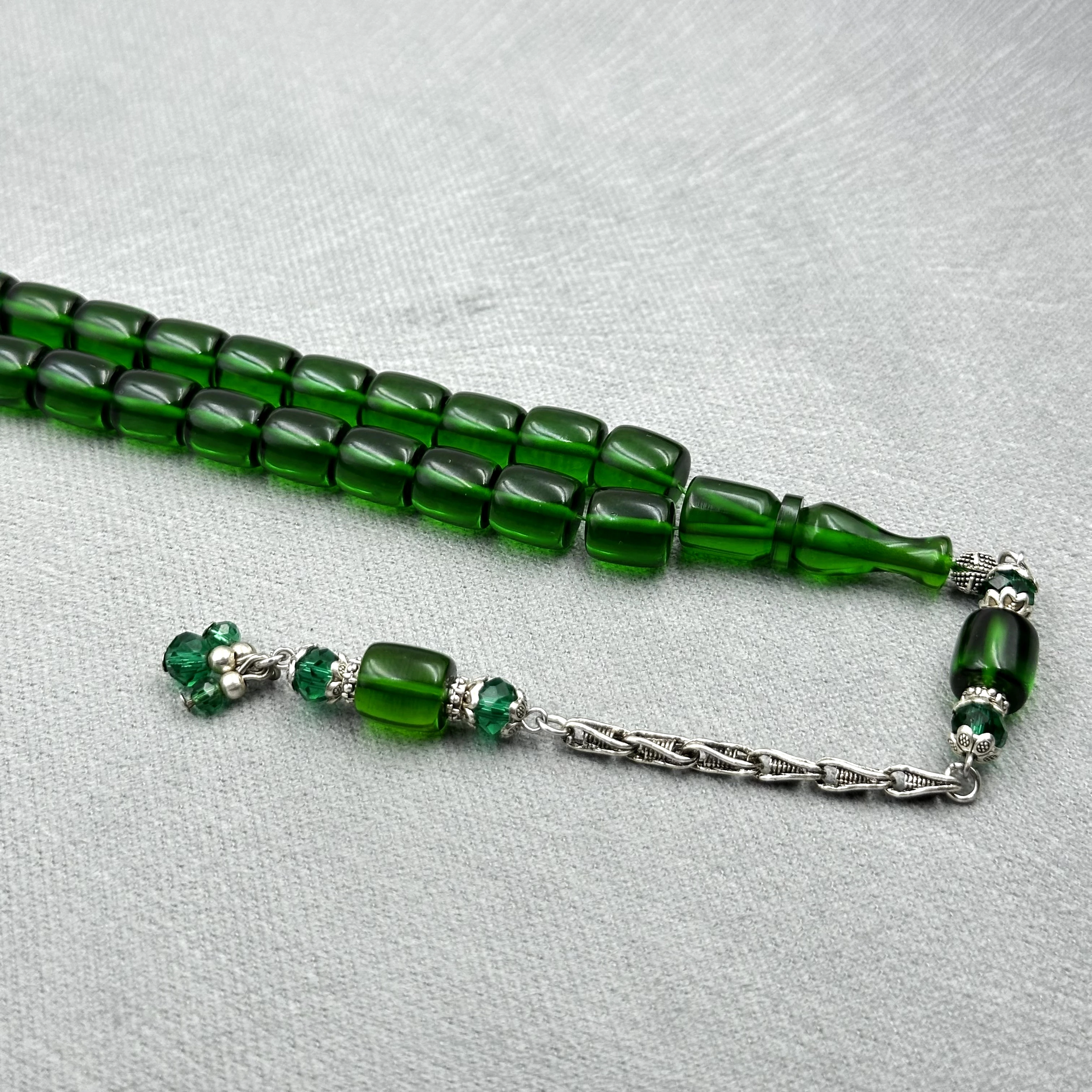 Şeffaf Yeşil Aksesuar Boncuklu Kral Püsküllü Ateş Kehribar Tespih