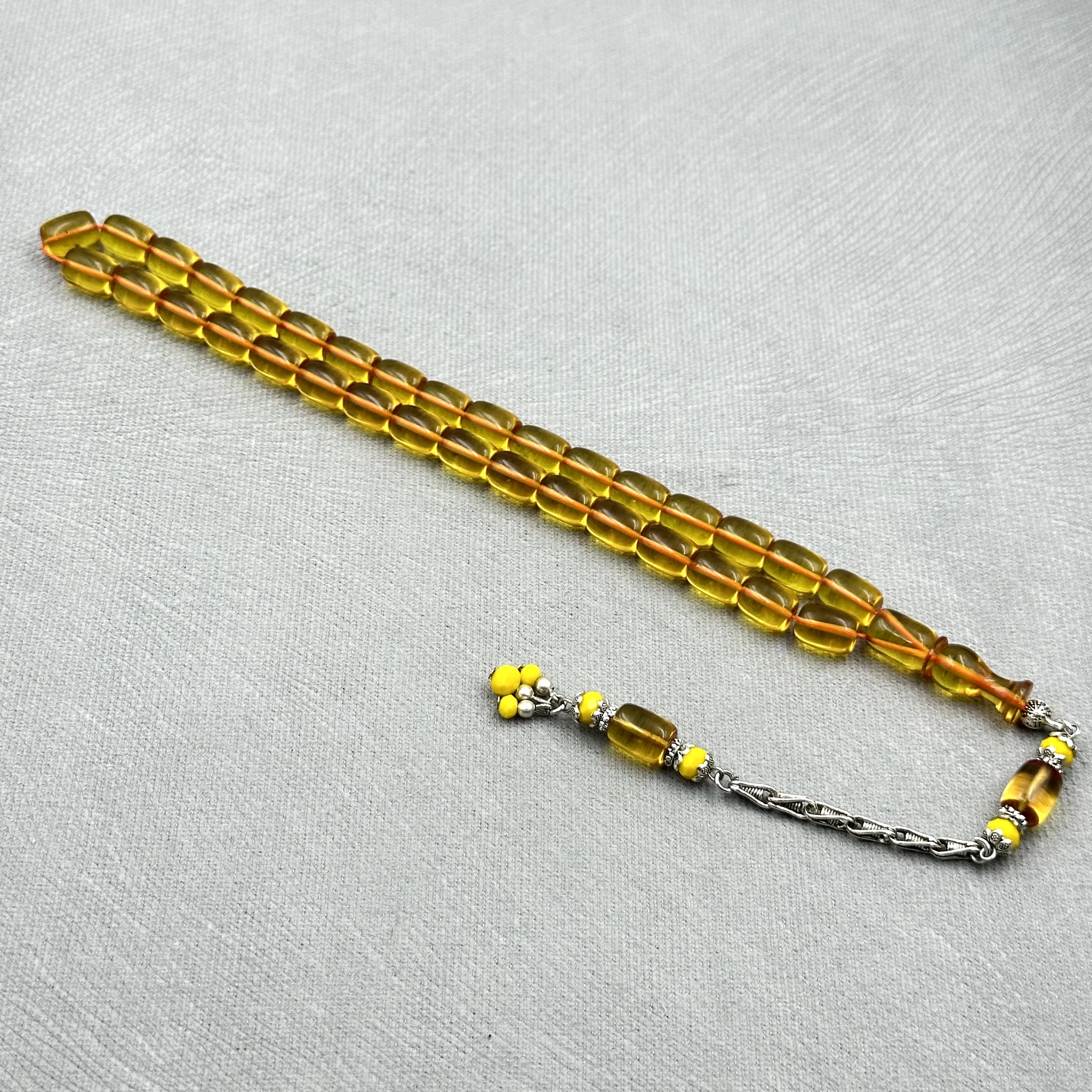 Şeffaf Limon Rengi Aksesuar Boncuklu Kral Püsküllü Ateş Kehribar Tespih